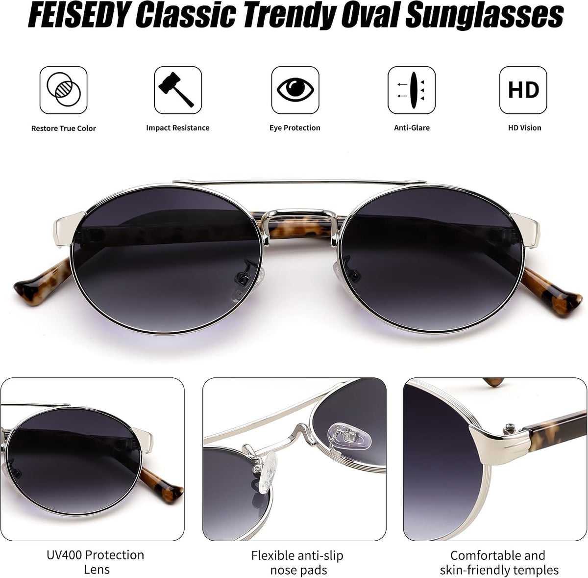 ÉÌƷͼƬ 27 | B0DRYKH1MV | FEISEDY Classic Trendy Oval Sunglasses Women Men Cute Small Shade Metal Frame Sunnies B0264