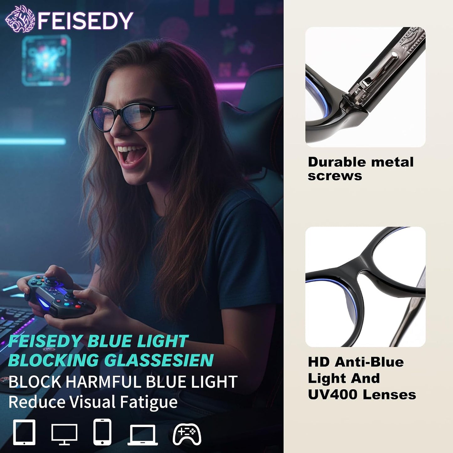 商品图片 11 | B0GV3QRRGW | FEISEDY Oval Cat Eye Blue Light Blocking Glasses for Women Clear Lens B0395