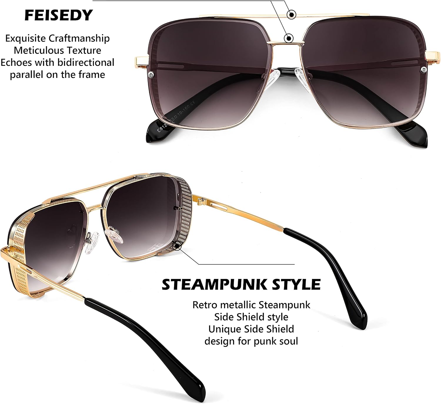 商品图片 30 | B09SDC5BD5 | FEISEDY Sunglasses Mens Women Vintage Pilot Square Trendy Metal Steampunk Fishing Driving Sun Glasses B2894