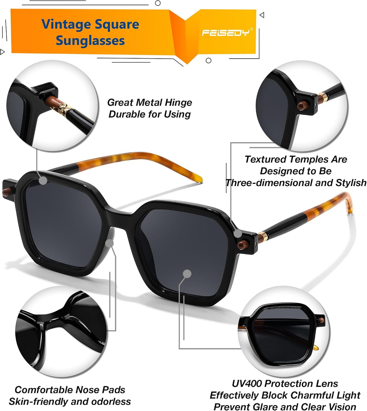 商品图片 5 | B0D4M6XXF1 | FEISEDY Vintage Square Sunglasses Men Women Classic Retro Trendy Large Frame UV400 Sun Glasses B0154