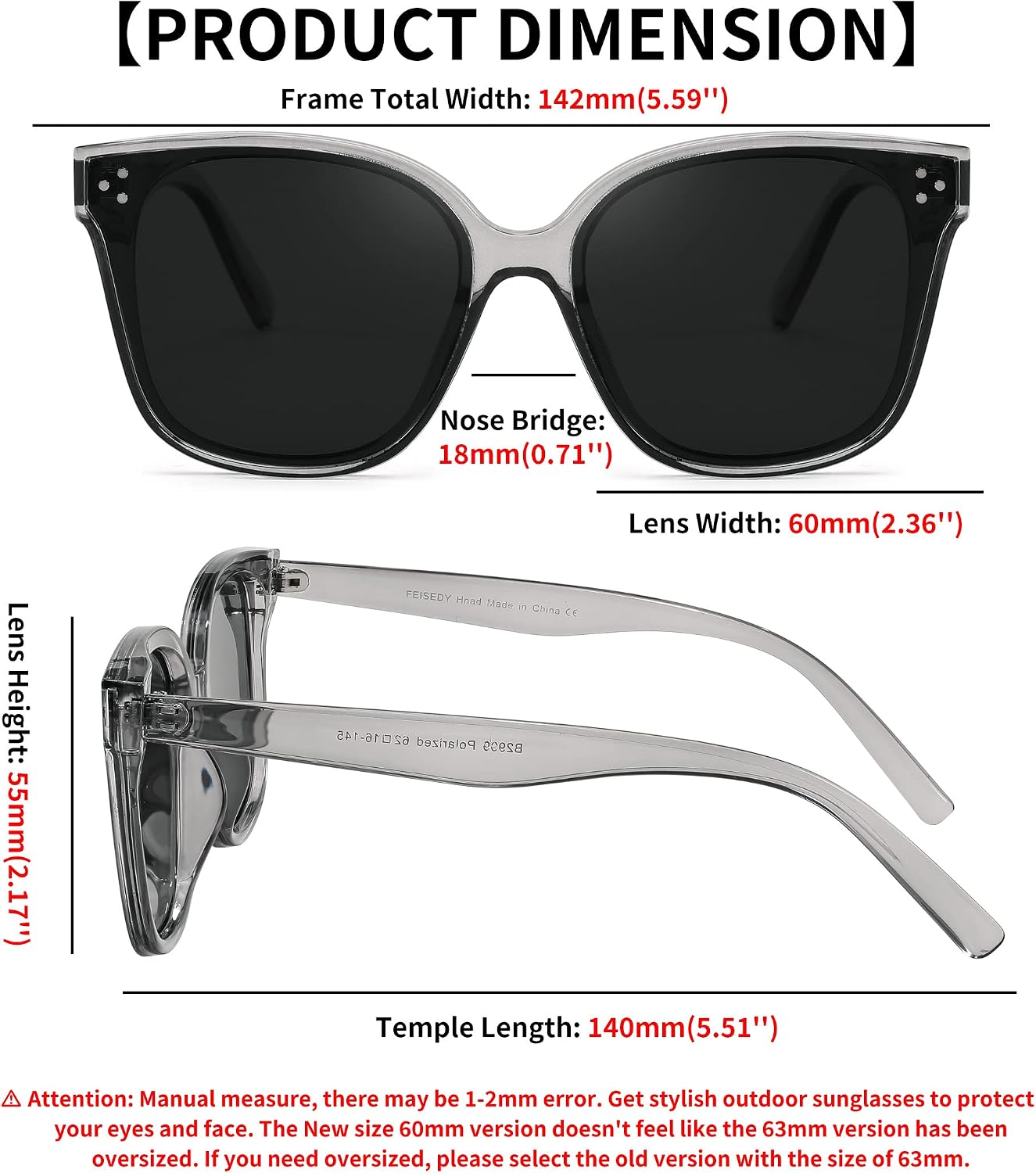 商品图片 19 | B0871BKMTN | FEISEDY Oversized Polarized Sunglasses - UV400 Protection, Square Fashion Sun Glasses for Outdoor & Daily B2600