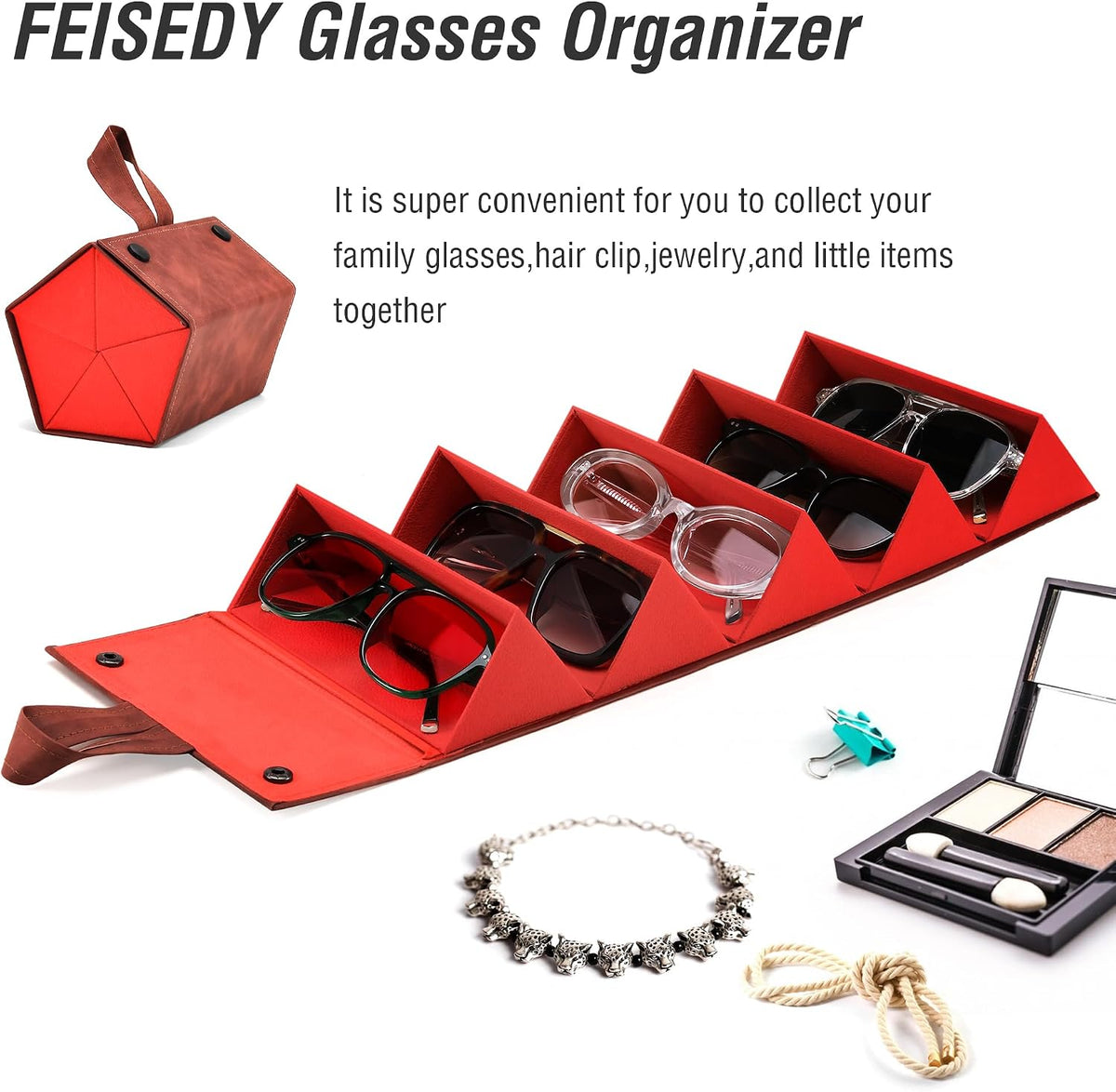 ÉÌƷͼƬ 24 | B0CSFHKMSS | FEISEDY Sunglasses Organizer 5 Slots Travel Glasses Case,Hanging Eyewear Holder Fashionable PU Leather Eyeglass Case B0087