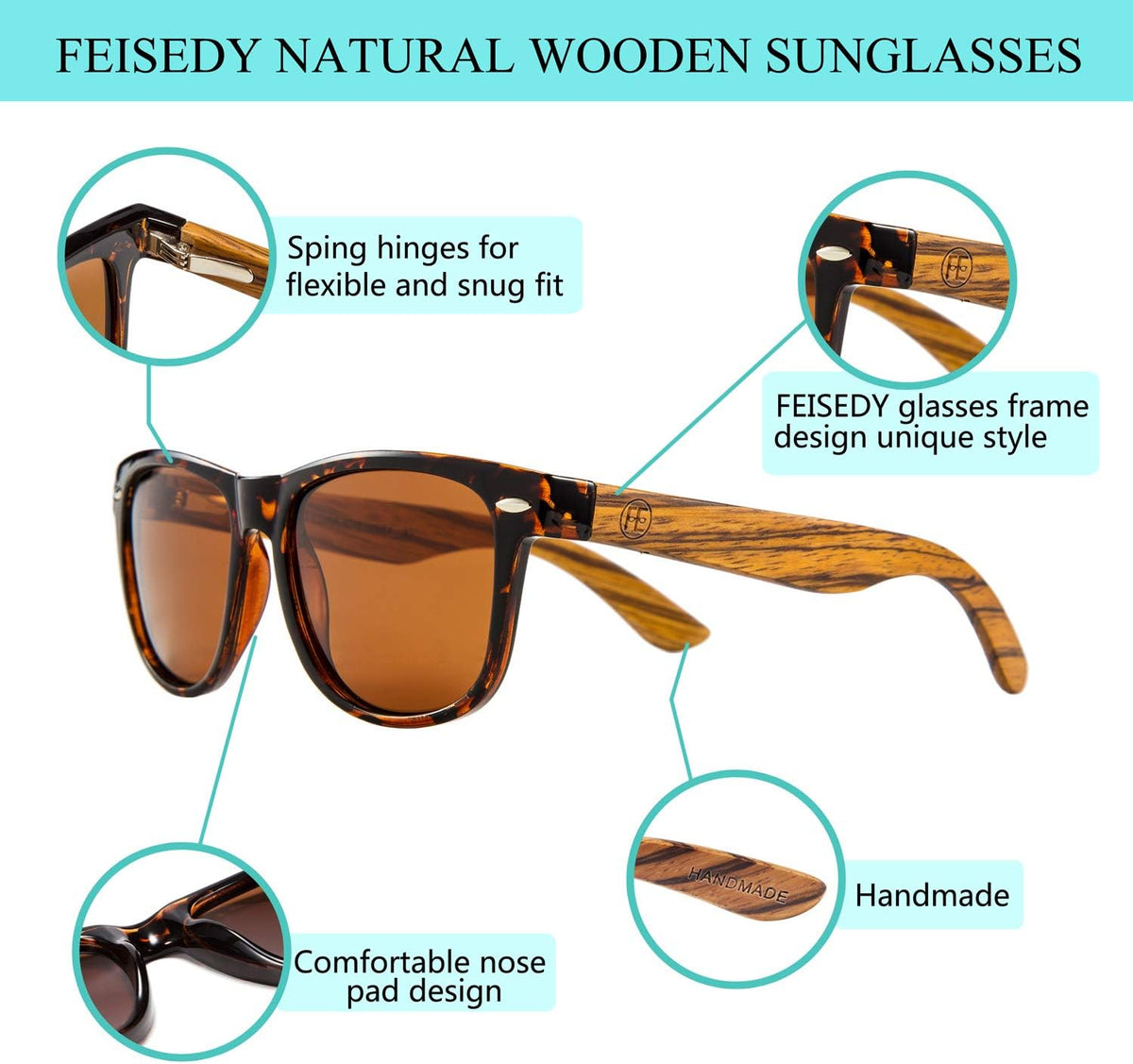 商品图片 17 | B07J2YHS4L | FEISEDY Polarized Wood Sunglasses Women Men HD UV400 Driving Fishing Golf Sunglasses B2448