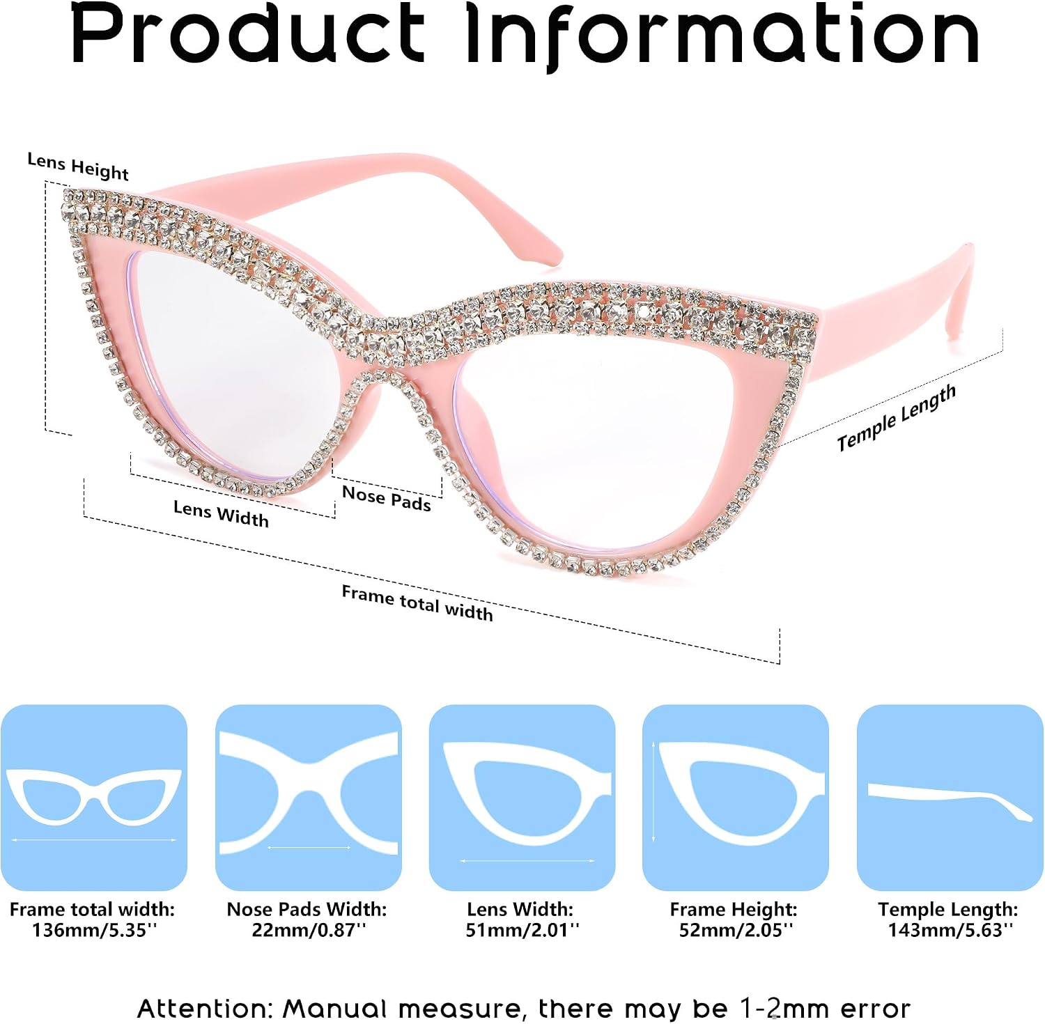 商品图片 14 | B0BLH5NHK8 | FEISEDY Diamond Blue Light Blocking Glasses Cat Eye Rhinestone Women Oversized Anti Eyestrain Computer Glasses Frame B2358