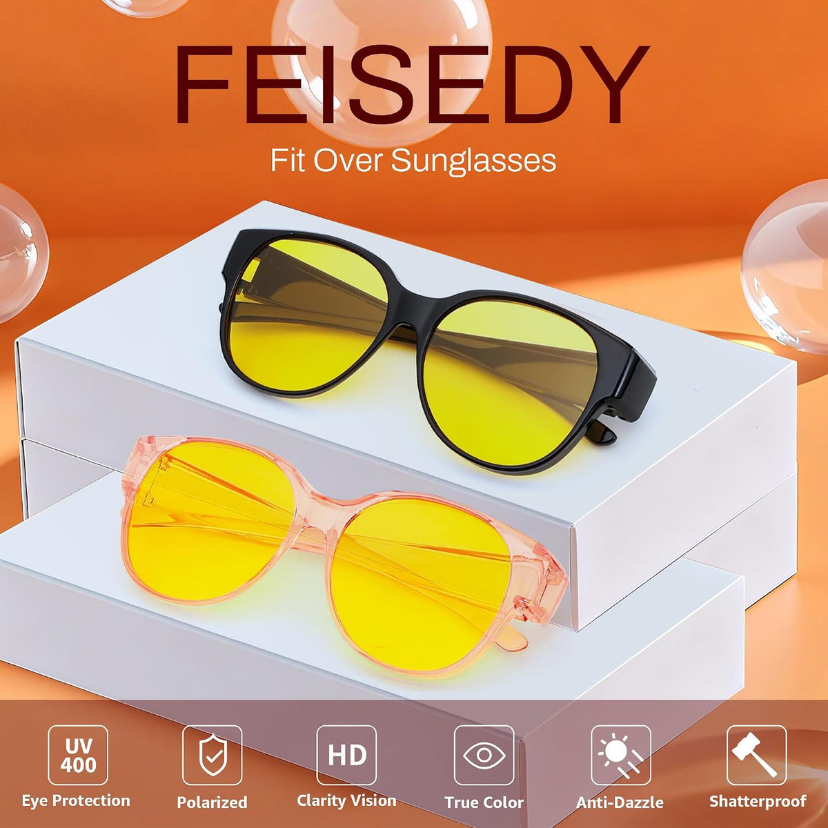 ÉÌƷͼƬ 4 | B0FX4NQCGM | FEISEDY 2Pack Night Driving Glasses Over Glasses with Yellow Lenses Fit Over Polarized Nighttime Sunglasses B0331
