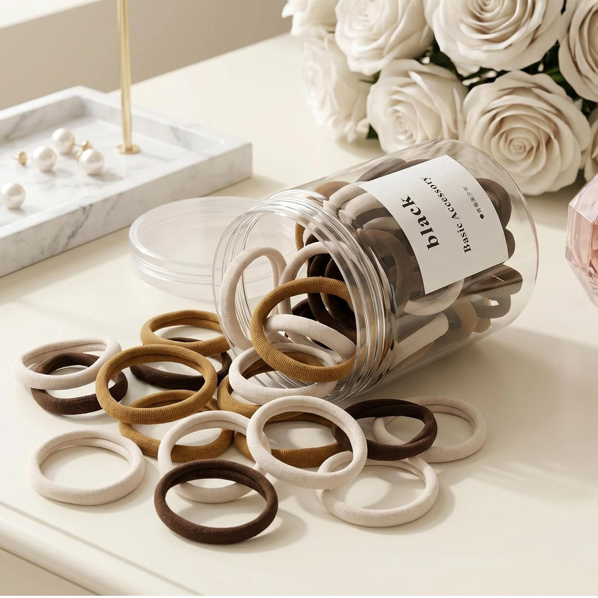 商品图片 2 | B0GZK8MKWX | 50PCS Neutral Earth Tone Hair Ties, Seamless No Damage Soft Elastic Hair Bands, Ponytail Holders for Women All Hair Types