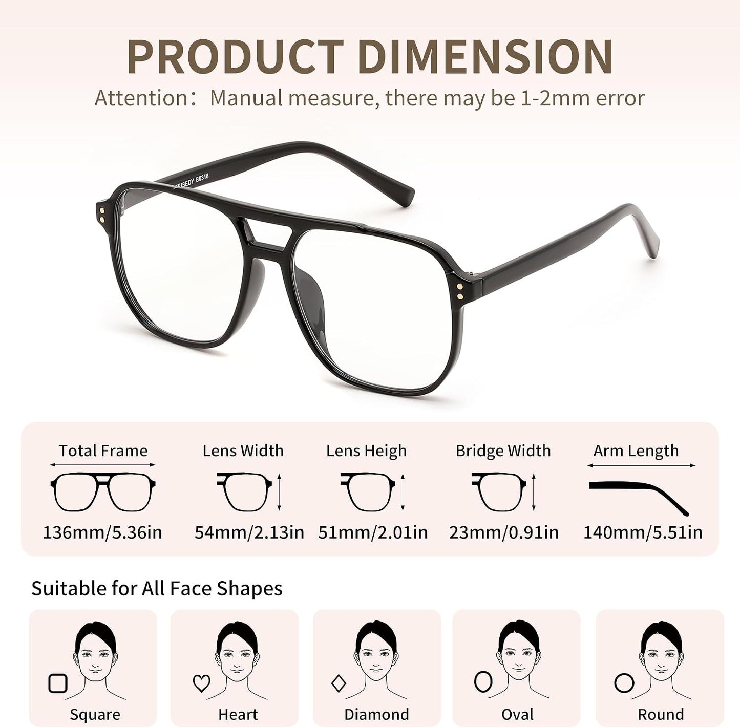 商品图片 6 | B0FWXP3HKW | FEISEDY Fashion Aviator Blue Light Reading Glasses for Woman Men B0318 | Square Pilot Computer Glasses, Anti Eyestrain Glare Readers