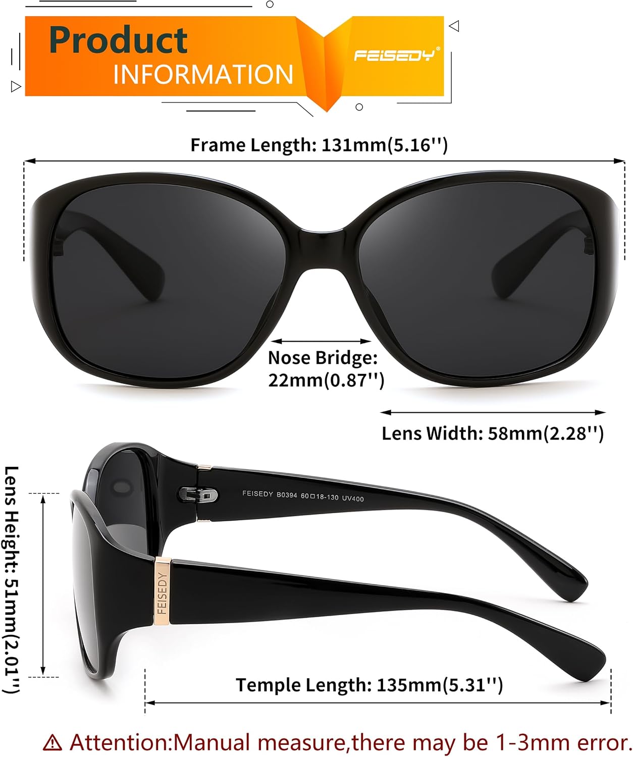 商品图片 5 | B0H4R52F3D | FEISEDY Women's Polarized Sunglasses Wrap Around Vintage Fashion Sunnies UV400 Protection B0394