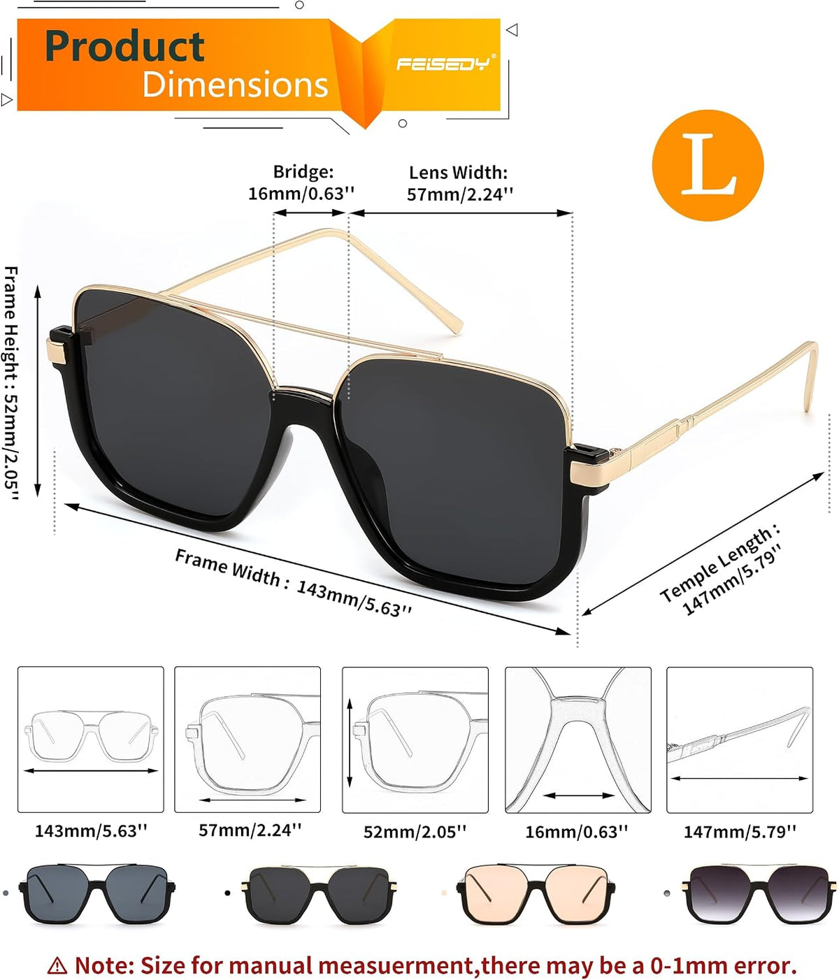 ÉÌƷͼƬ 20 | B0GXYGJLHV | FEISEDY Retro Square Aviator Sunglasses for Women Men Y2K Oversized B0432