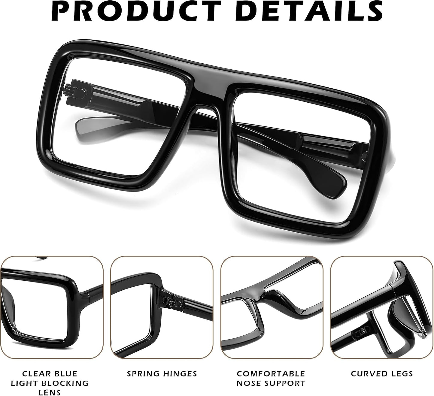 商品图片 6 | B0DFY73V8M | FEISEDY Square Oversized Blue Light Glasses Thick Fake Eyewear Frame for Women Men Nerd Glasses Costume Accessories B0241