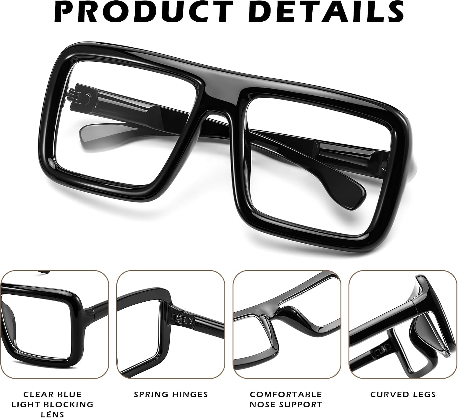 商品图片 6 | B0DFY73V8M | FEISEDY Square Oversized Blue Light Glasses Thick Fake Eyewear Frame for Women Men Nerd Glasses Costume Accessories B0241