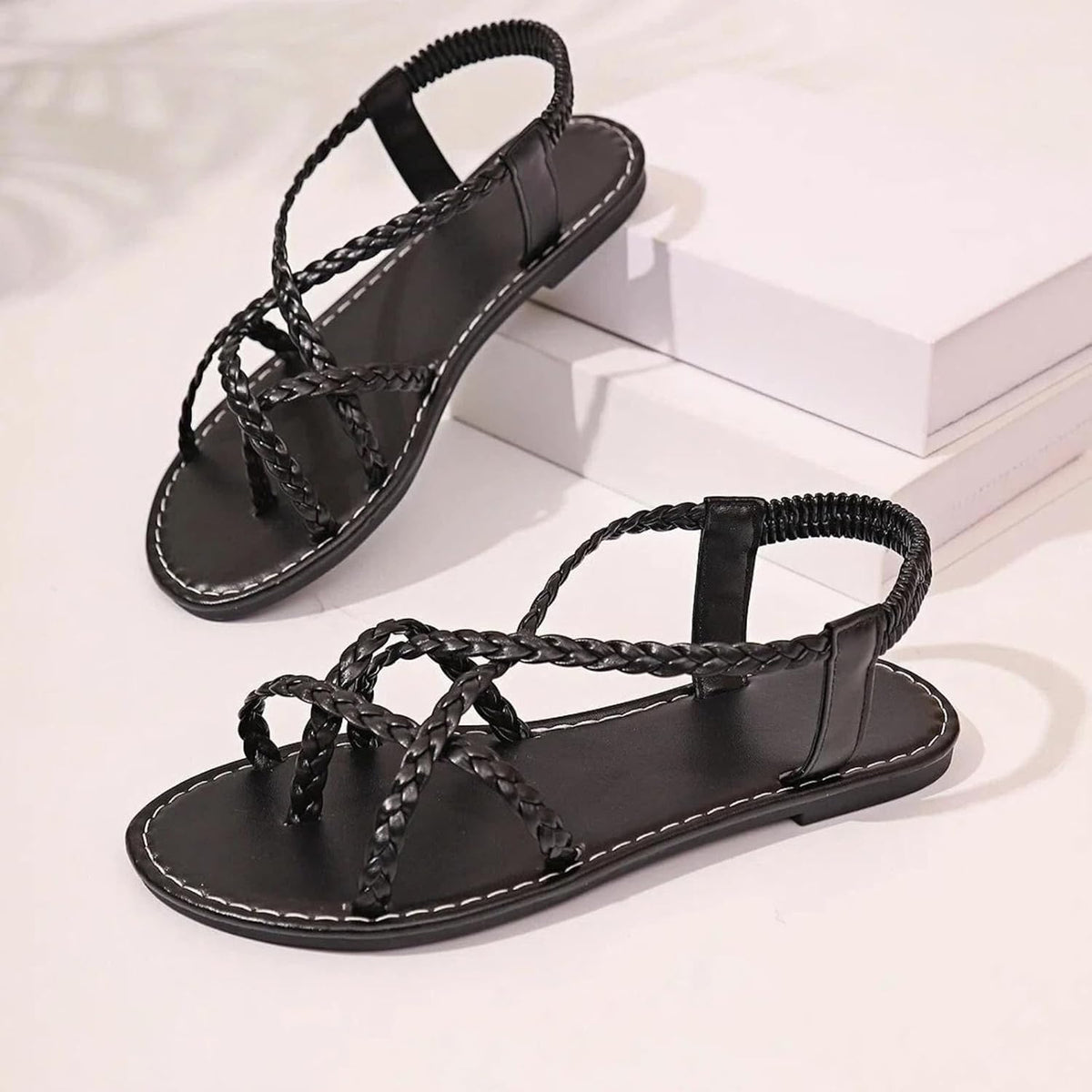 7 | B0GYRMMJW9 | Women's Braided Flat Sandals Strappy Elastic Ankle Strap Summer Dressy Casual Beach Thong Sandals Rubber Sole Walking Shoes