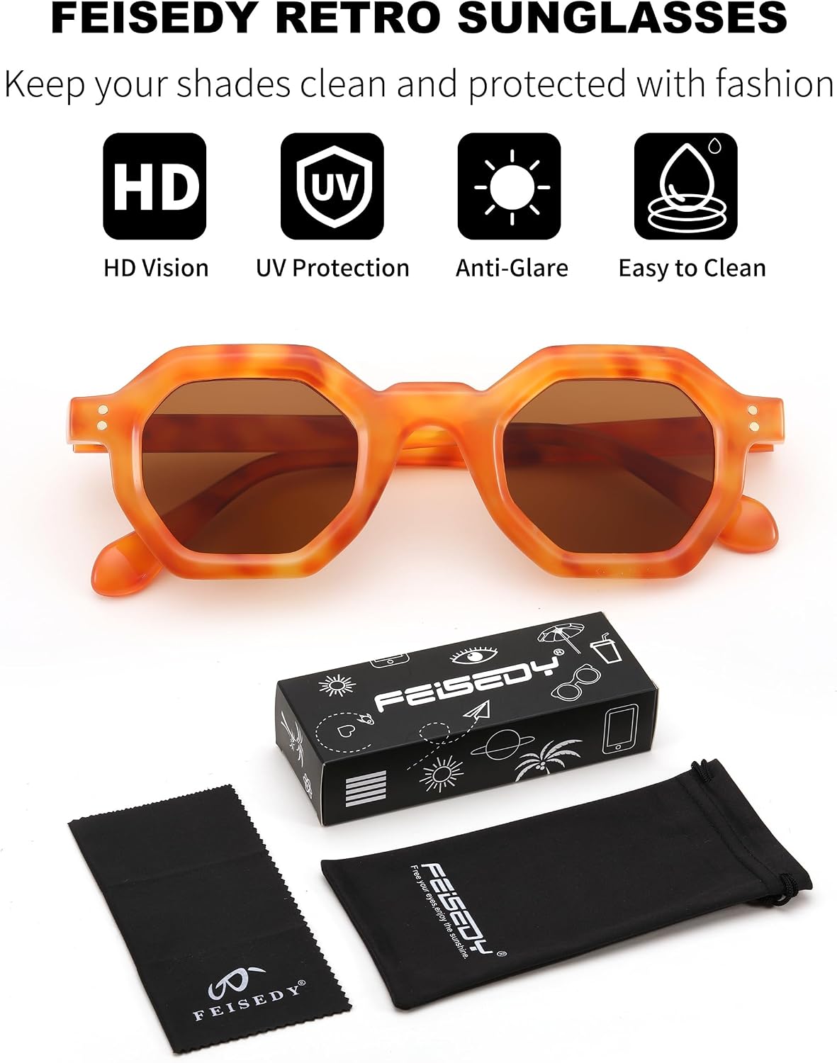 商品图片 7 | B0CSJQ26W8 | FEISEDY Octagon Sunglasses for Women - Thick Frame Fashion Rectangle Sun Glasses - Summer UV400 Protection