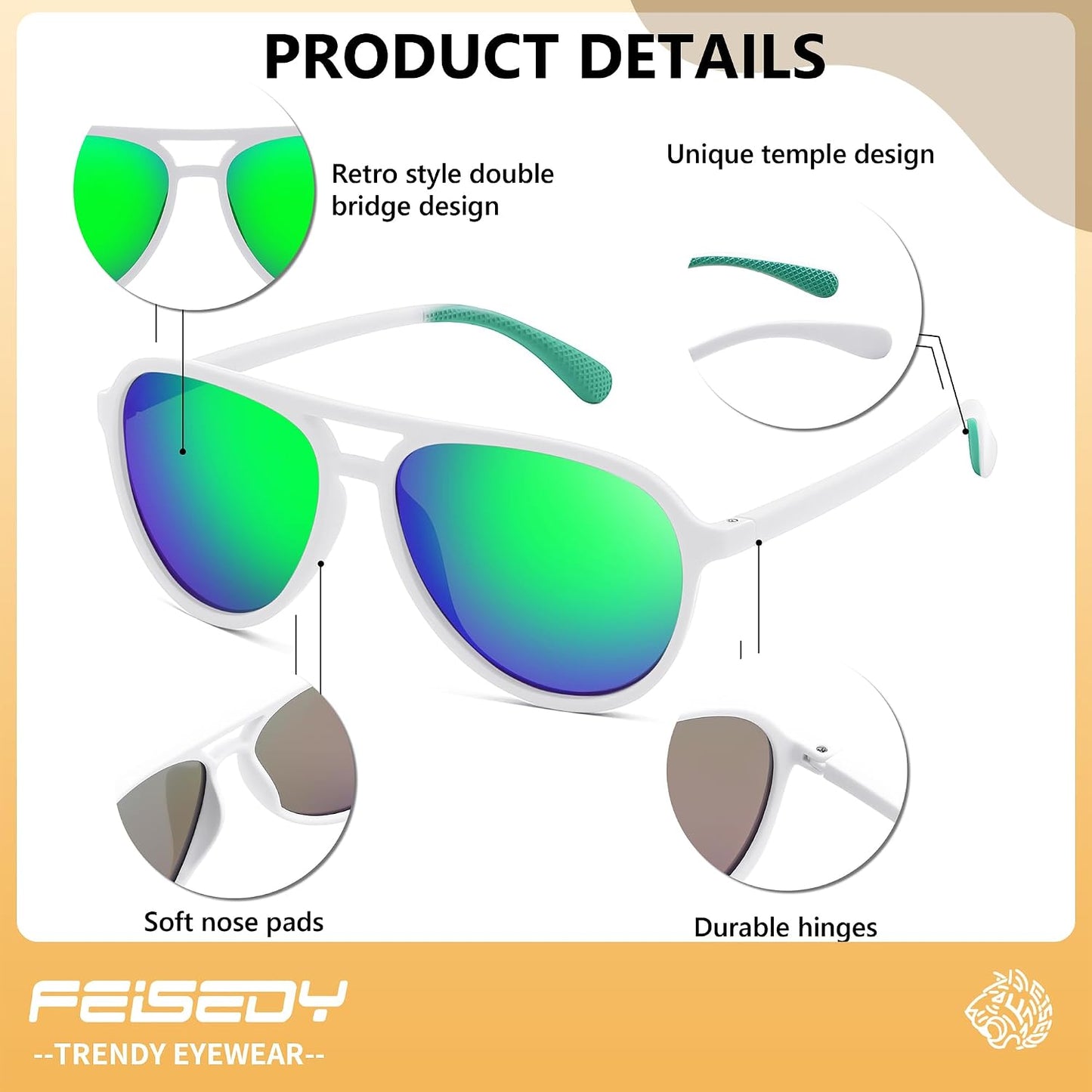商品图片 26 | B0FY6J455M | FEISEDY Polarized Aviator Sunglasses for Men Women Trendy Sports B0324 | 100% UV400 protection, HD TAC lenses, Lightweight & durable, Driving, Hiking, Fishing, 50% recycled materials