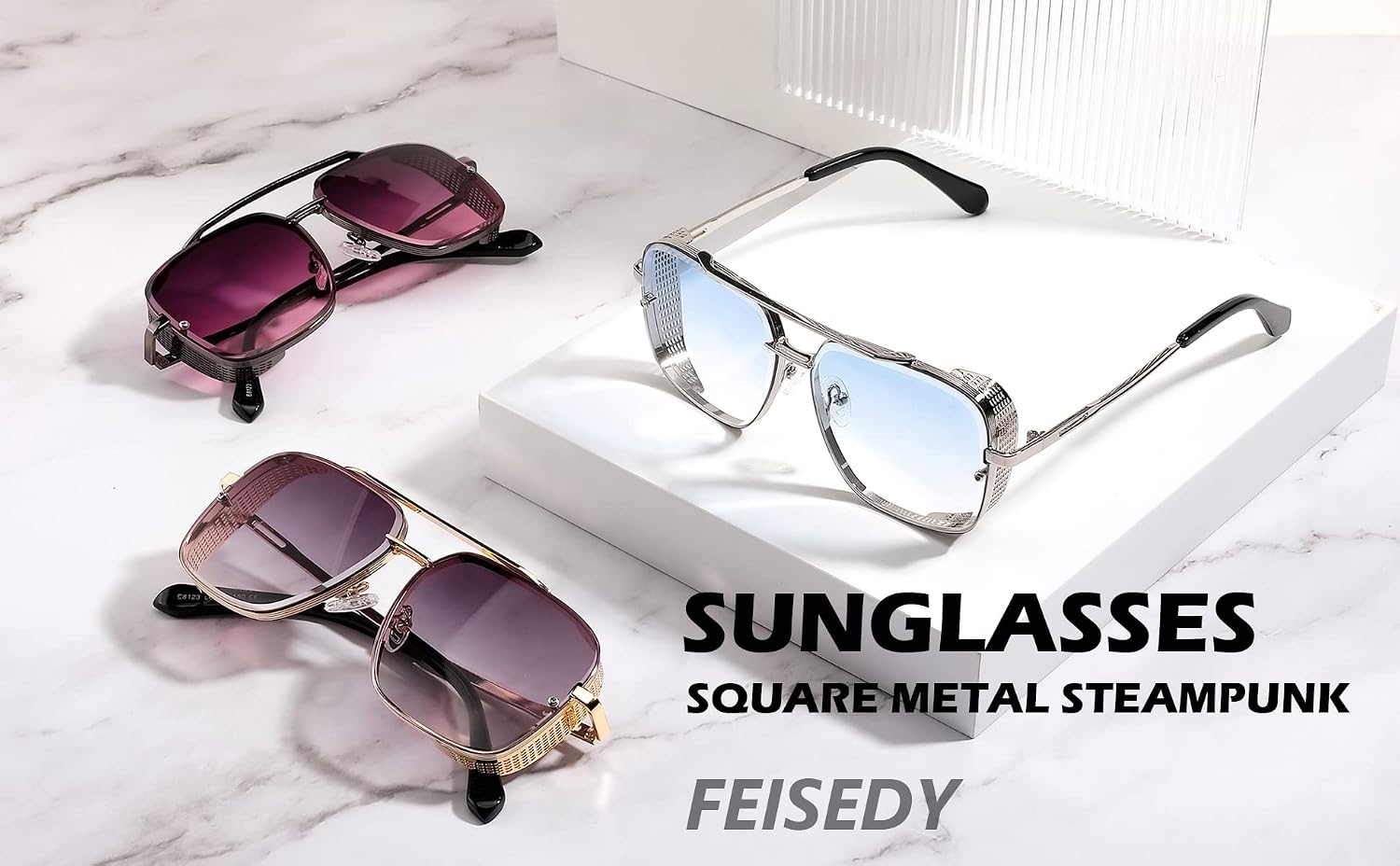商品图片 16 | B09SDC5BD5 | FEISEDY Sunglasses Mens Women Vintage Pilot Square Trendy Metal Steampunk Fishing Driving Sun Glasses B2894