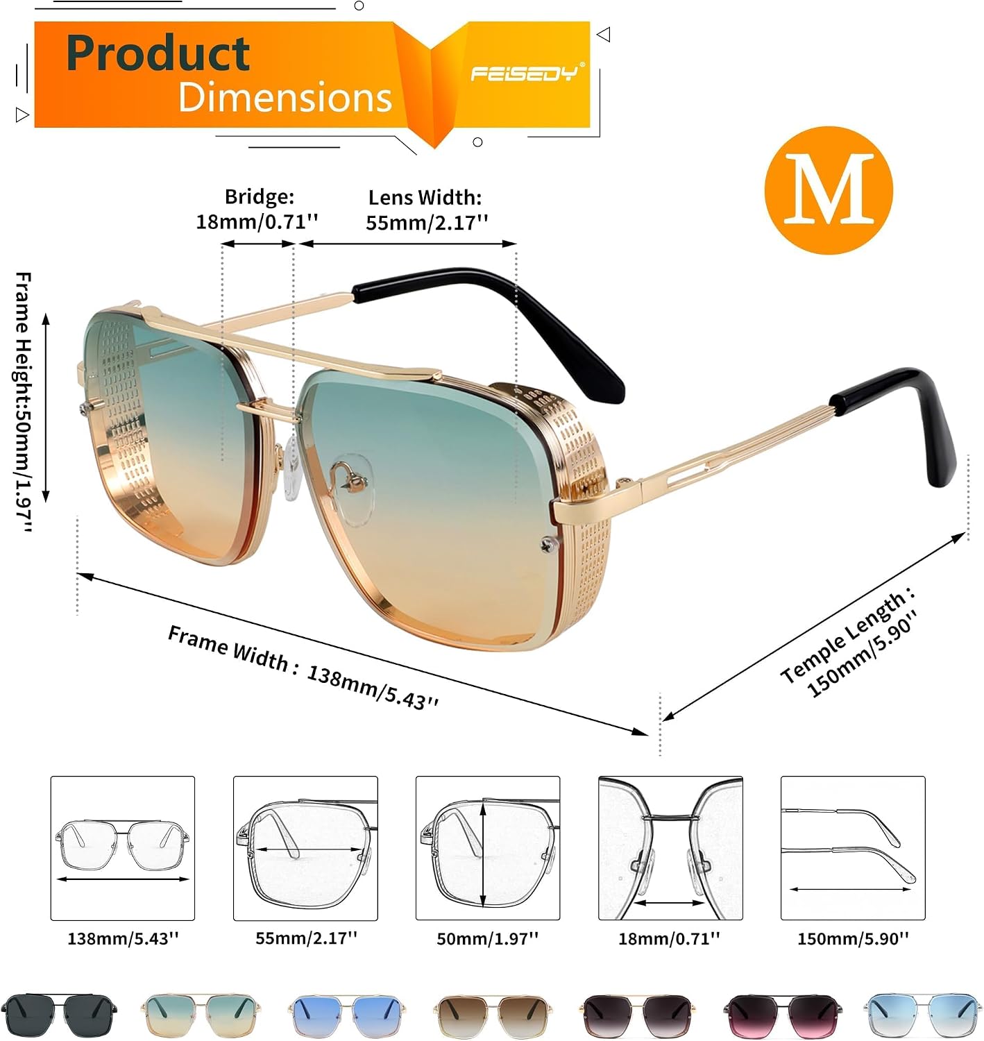 商品图片 48 | B09SDC5BD5 | FEISEDY Sunglasses Mens Women Vintage Pilot Square Trendy Metal Steampunk Fishing Driving Sun Glasses B2894