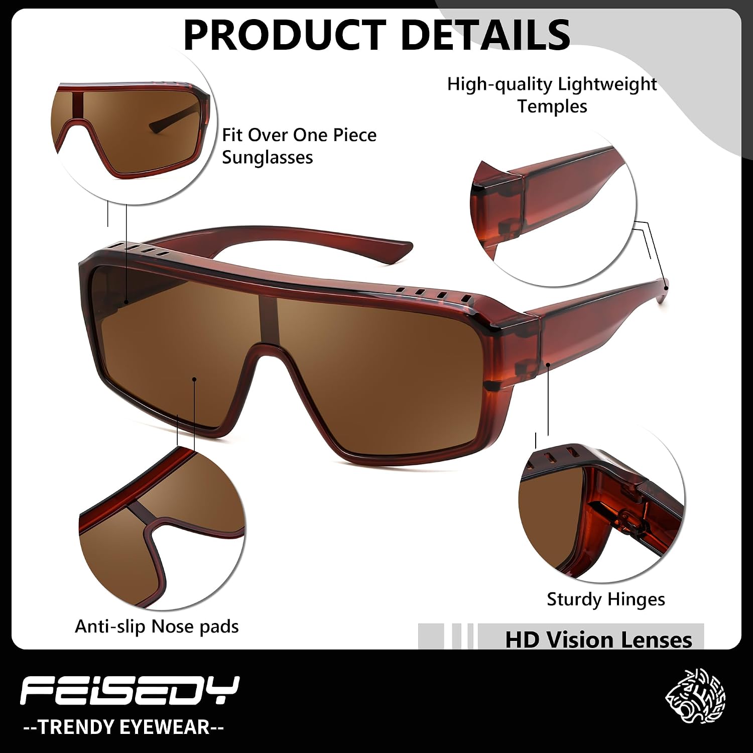 商品图片 3 | B0FWBV3SMZ | FEISEDY Oversized Square Fit Over Glasses Sunglasses for Men Women B0332