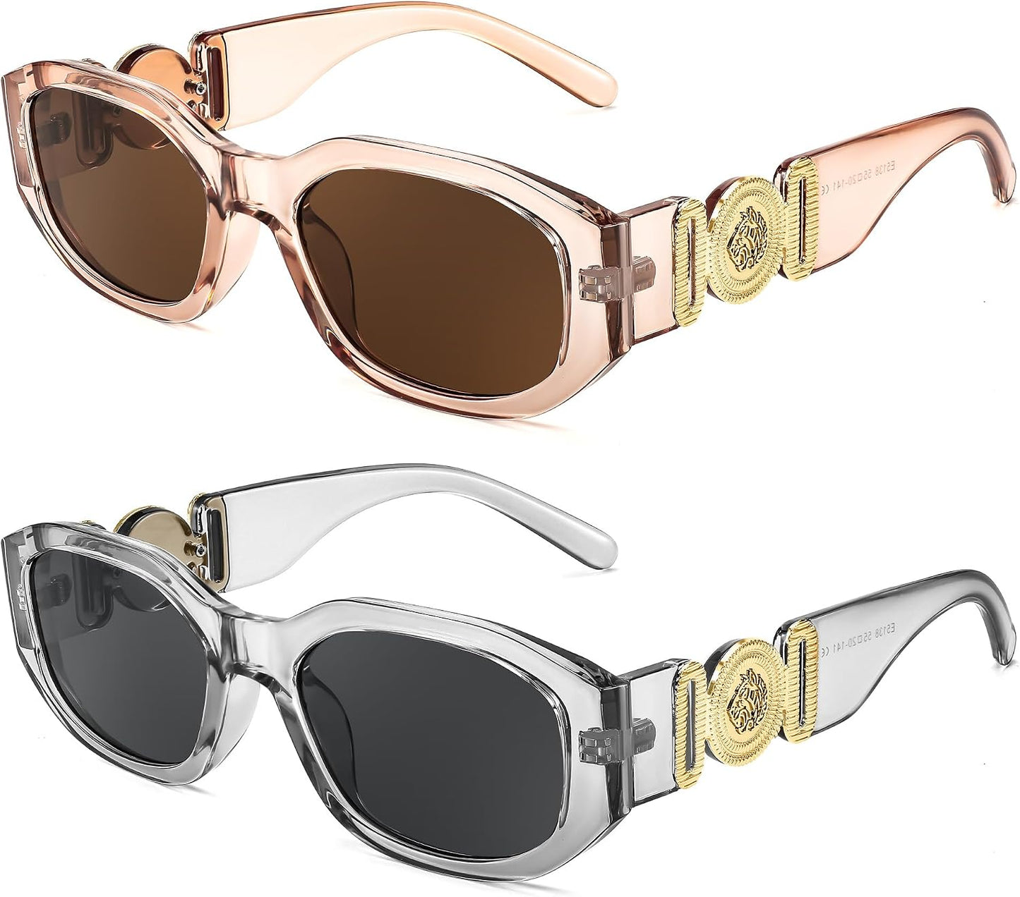 2 Pack Tea+gray / 54 Millimeters | B0F25YNM2J | FEISEDY Retro Trendy Rectangle Sunglasses Women Men Narrow Shades B2322