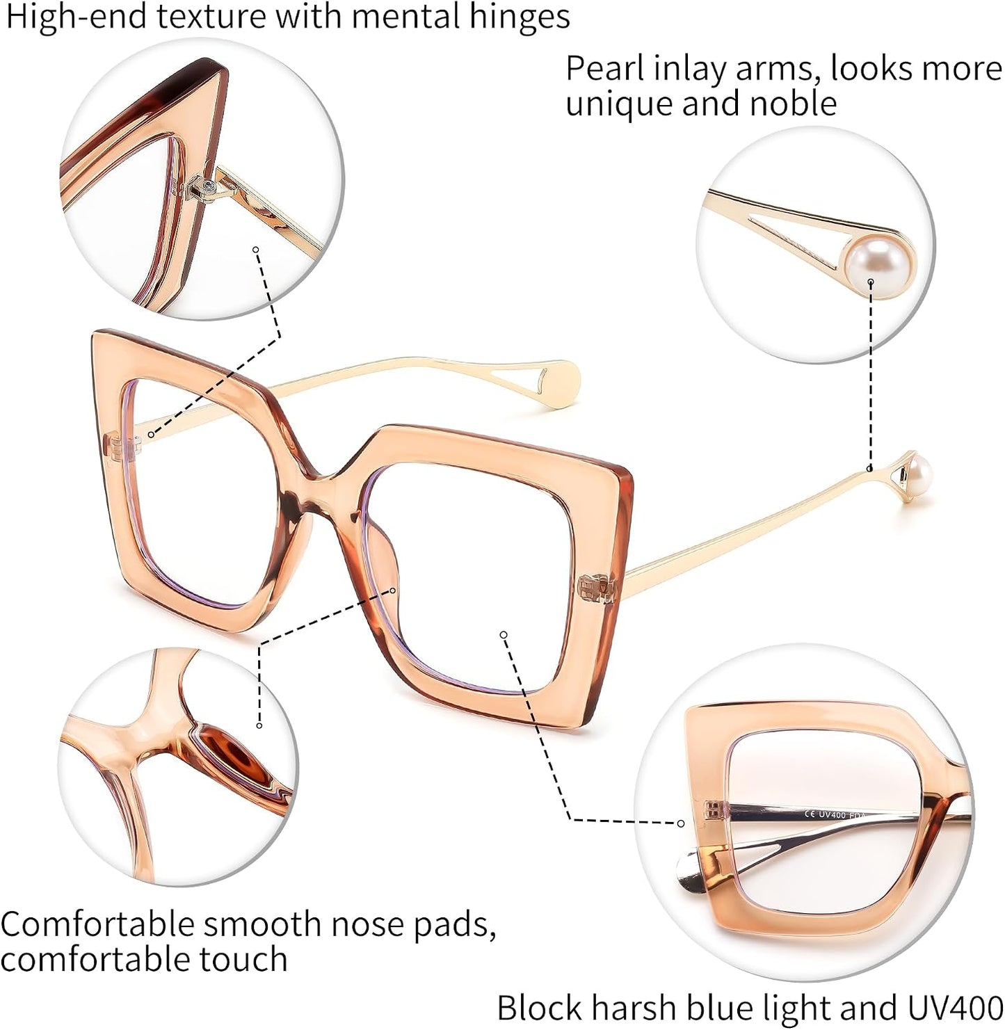 商品图片 12 | B08DF5QRXC | FEISEDY Oversized Square Blue Light Blocking Glasses Eye Strain Glare Pearl Inlay Arm Cat Eye Fashion Eyewear B2639