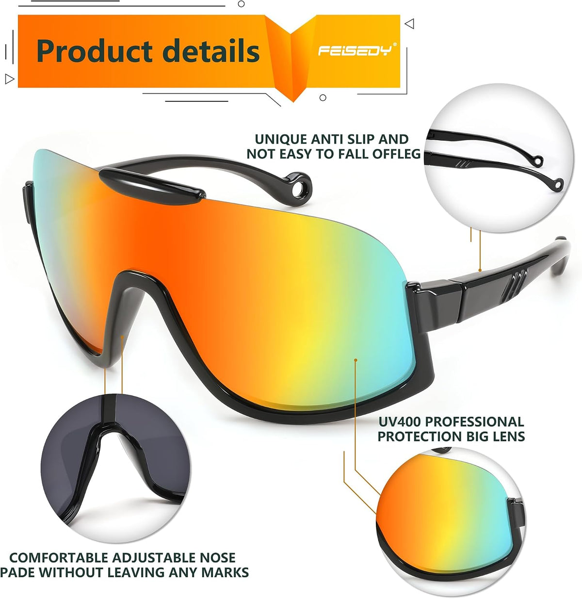 ÉÌƷͼƬ 12 | B0CQT2FXLN | FEISEDY Sunglasses Men Women Oversized Fashion Sports Baseball Fishing Skiing Running Golf Adults Teens Half Frame B0012