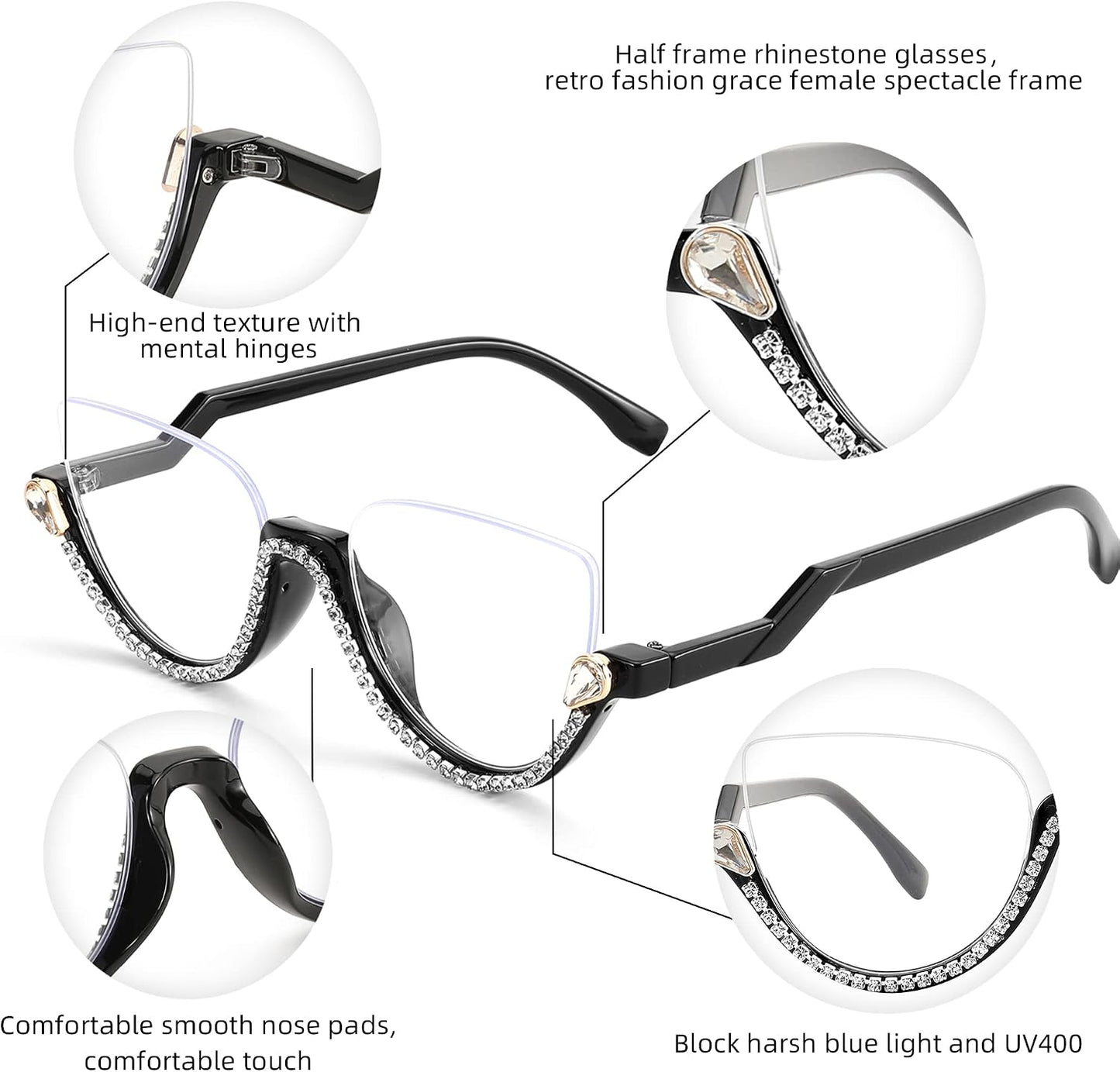 商品图片 3 | B0BK84HWH8 | FEISEDY Women Blue Light Blocking Glasses Fashion Half Frame Cat Eye Glasses Inlaid Diamond Anti Eyestrain B2995