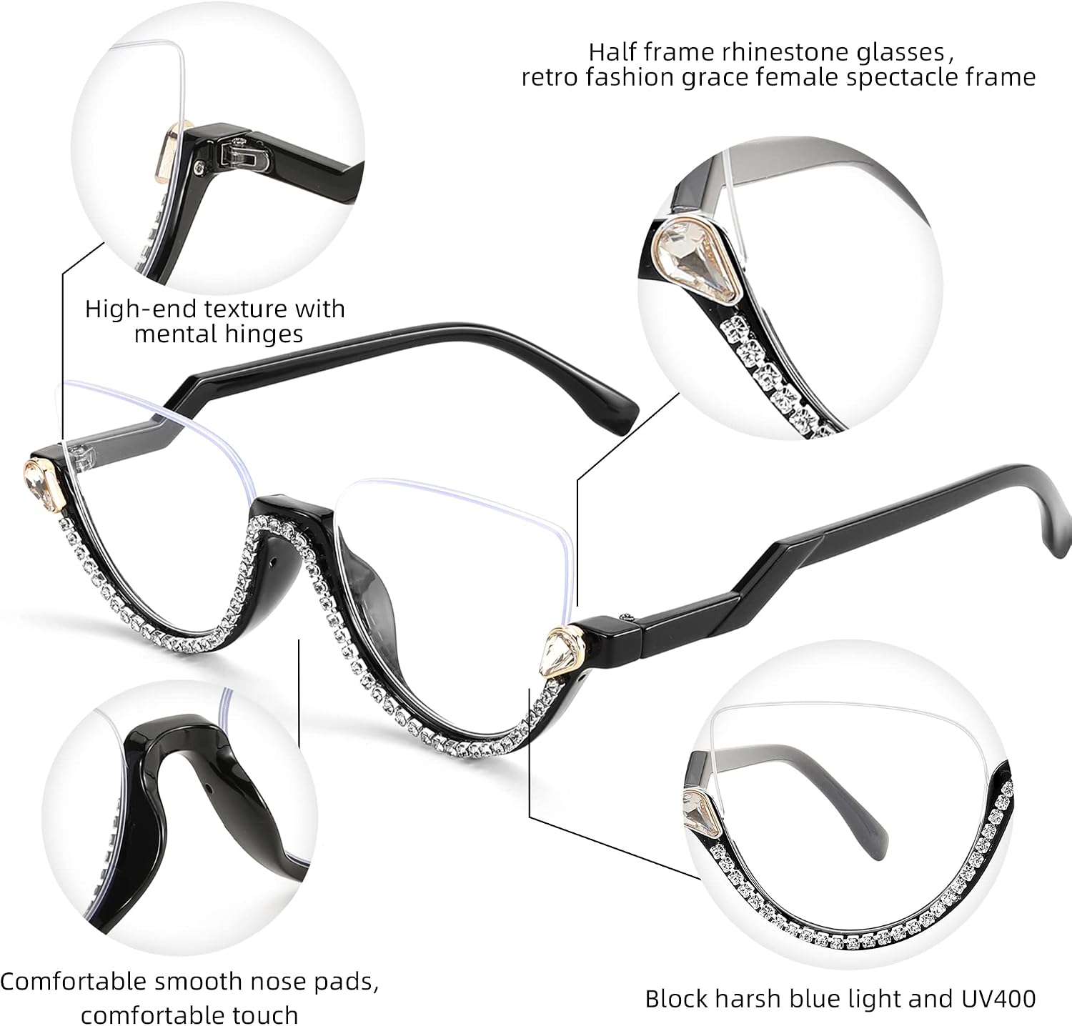 商品图片 3 | B0BK84HWH8 | FEISEDY Women Blue Light Blocking Glasses Fashion Half Frame Cat Eye Glasses Inlaid Diamond Anti Eyestrain B2995