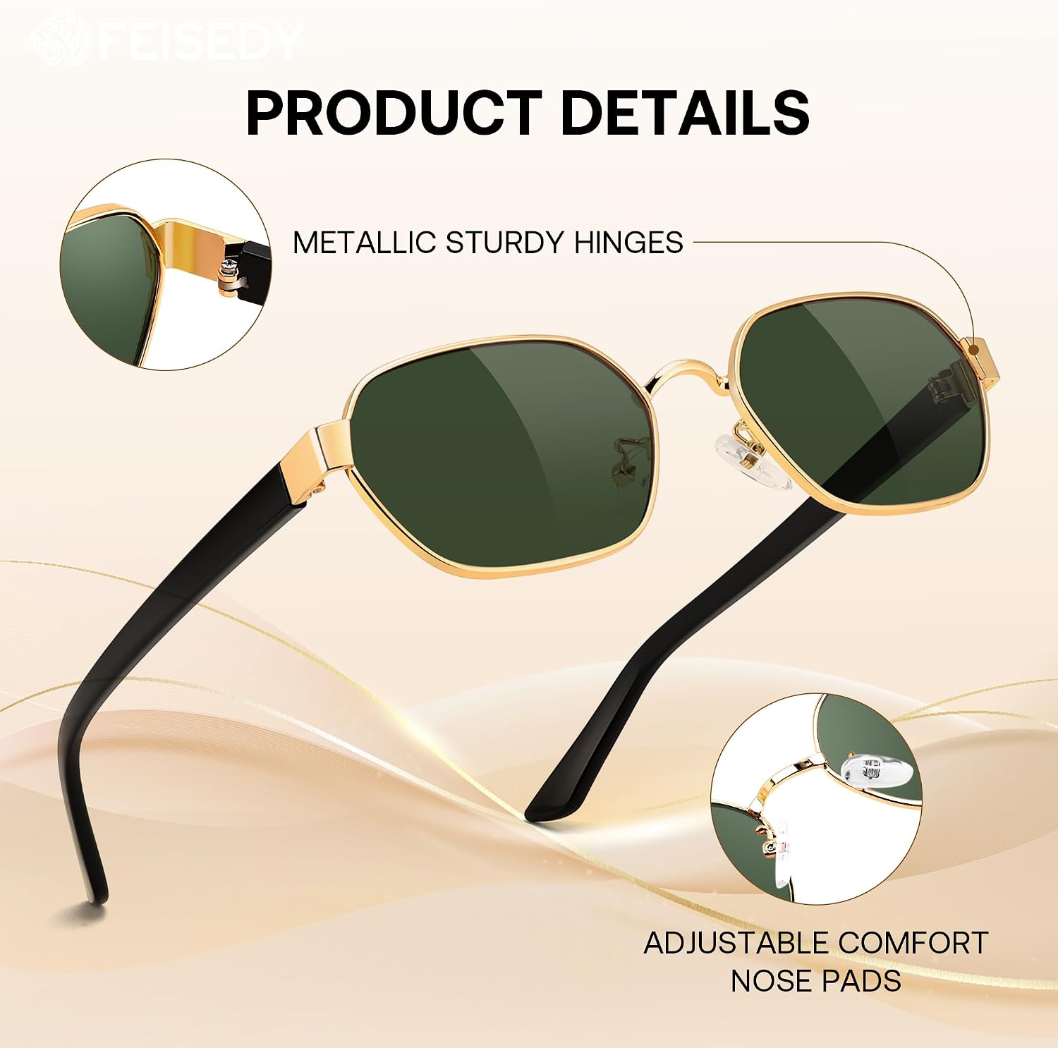 商品图片 13 | B0GY42ZV46 | FEISEDY Women and Men UV400 Protection Sunglasses, Polygon Square Metal Frame Retro Stylish Shades B0452