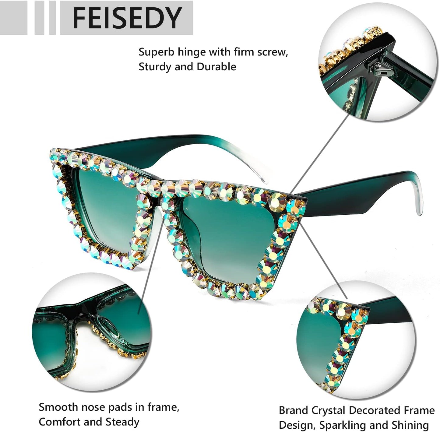 商品图片 10 | B09V7X56D4 | FEISEDY Women Crystal Square Cat Eye Sunglasses Sparkling Trendy Retro Cateye Sunglasses B2898