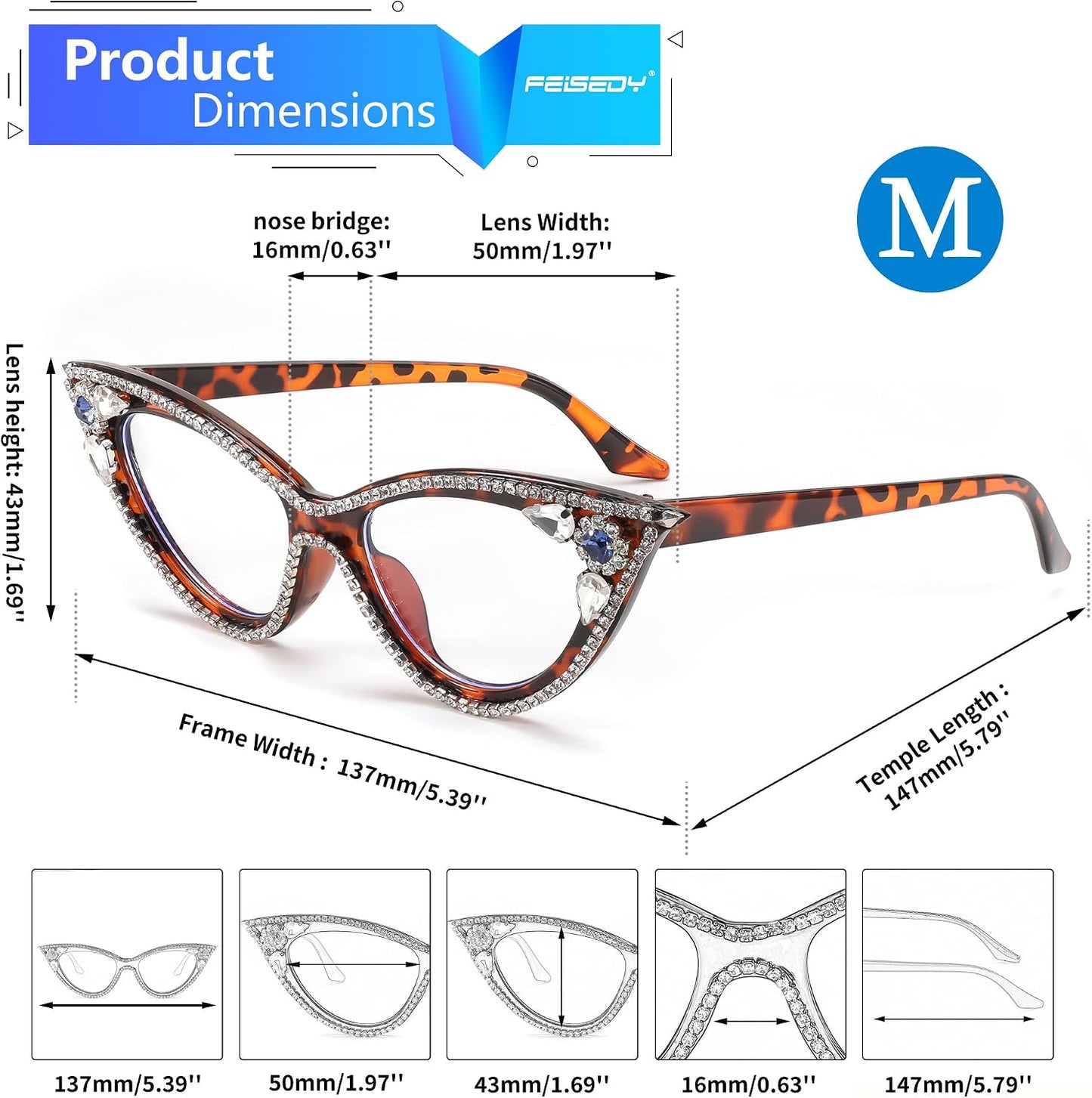 商品图片 22 | B0CQ55685Z | FEISEDY Diamond Blue Light Blocking Glasses Cat Eye Rhinestone Women Glasses Frame Anti Eyestrain Computer Eyewear B0070