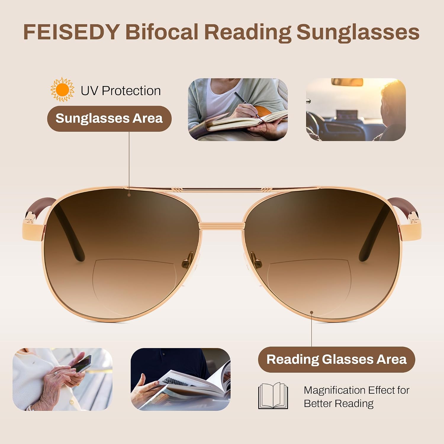 商品图片 5 | B0G1BRNH4D | FEISEDY Metal Aviator Bifocal Reader Sunglasses for Men B0335