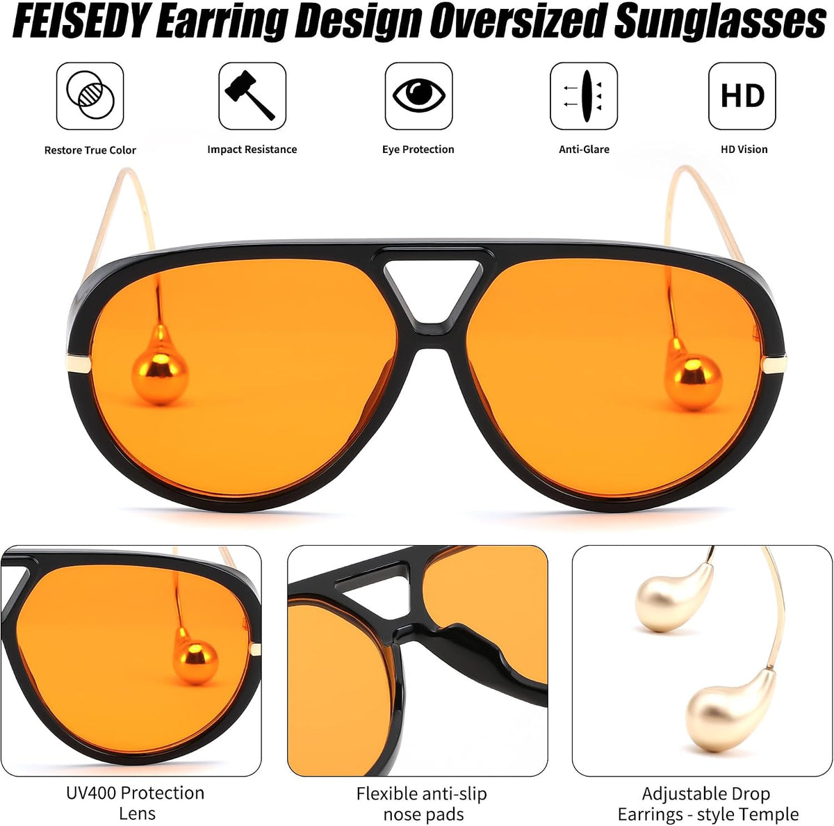 ÉÌƷͼƬ 16 | B0F8N8W8JM | FEISEDY Oversized Aviator Sunglasses With Earring Design for Women Large Big Frame Luxury Designer Shades for Ladies B0296