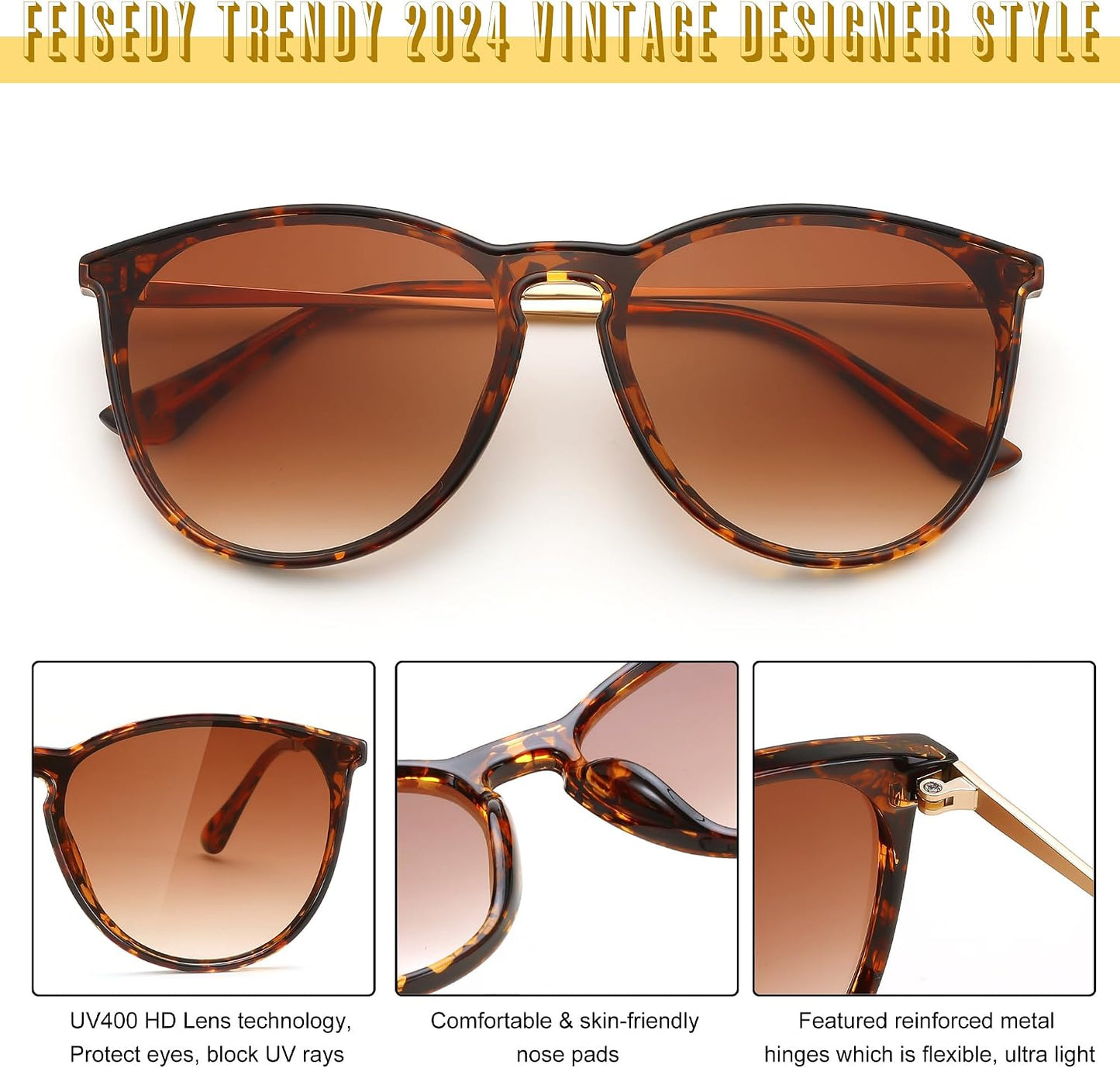 商品图片 30 | B0DGCPG41T | FEISEDY Sunglasses for Women Men Retro Round Cateye Designer Cute Mirrored UV Protection Lens B0210