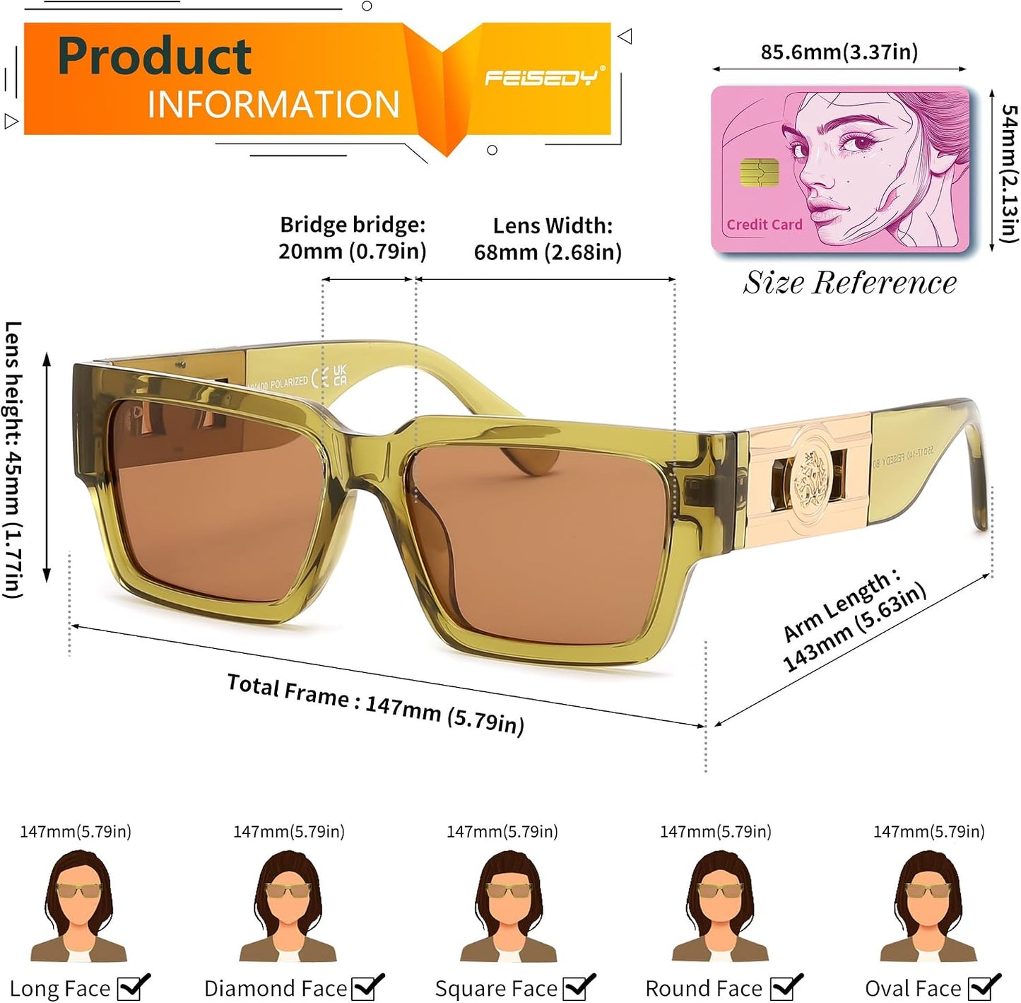 商品图片 11 | B0GD5FWDBC | FEISEDY Retro Trendy Rectangle Polarized Sunglasses for Women Men,Classic Narrow Square Sun Glasses B0314