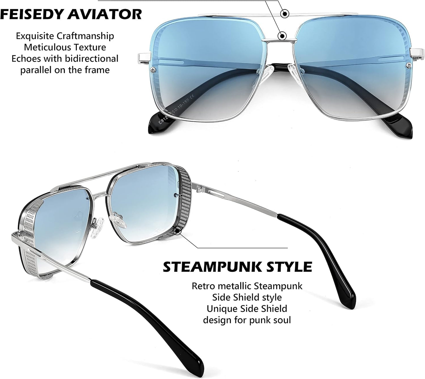 商品图片 25 | B09SDC5BD5 | FEISEDY Sunglasses Mens Women Vintage Pilot Square Trendy Metal Steampunk Fishing Driving Sun Glasses B2894