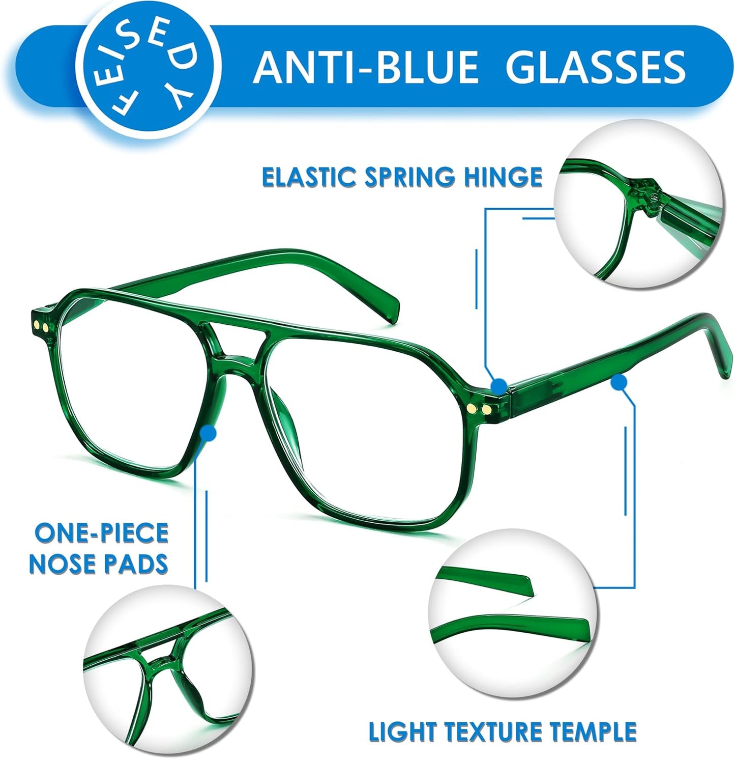 商品图片 22 | B0CNCZF5FL | FEISEDY Retro Aviator Reading Glasses Square Readers for Women Men B0068 | Spring Hinge, Blue Light Reading Glasses,Stylish reading glasses for men