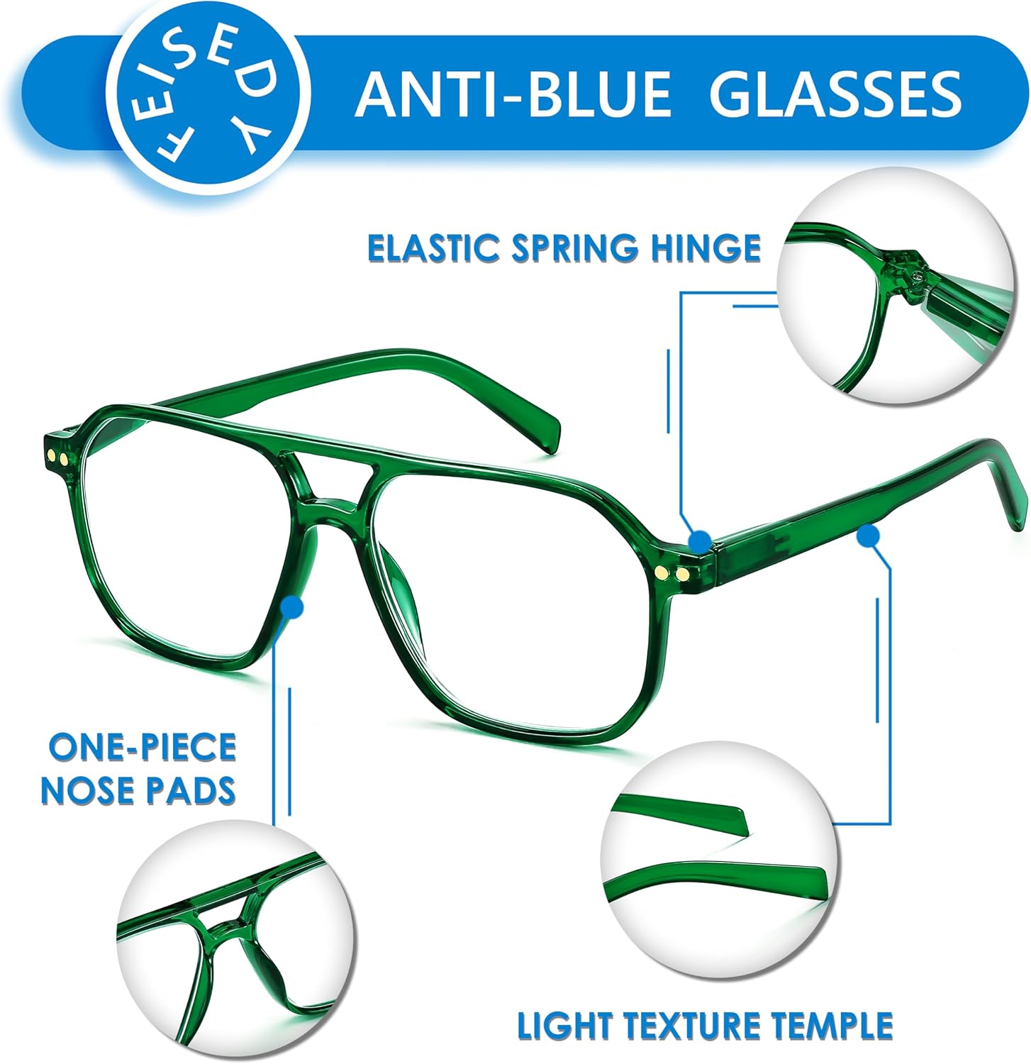 商品图片 22 | B0CNCZF5FL | FEISEDY Retro Aviator Reading Glasses Square Readers for Women Men B0068 | Spring Hinge, Blue Light Reading Glasses,Stylish reading glasses for men