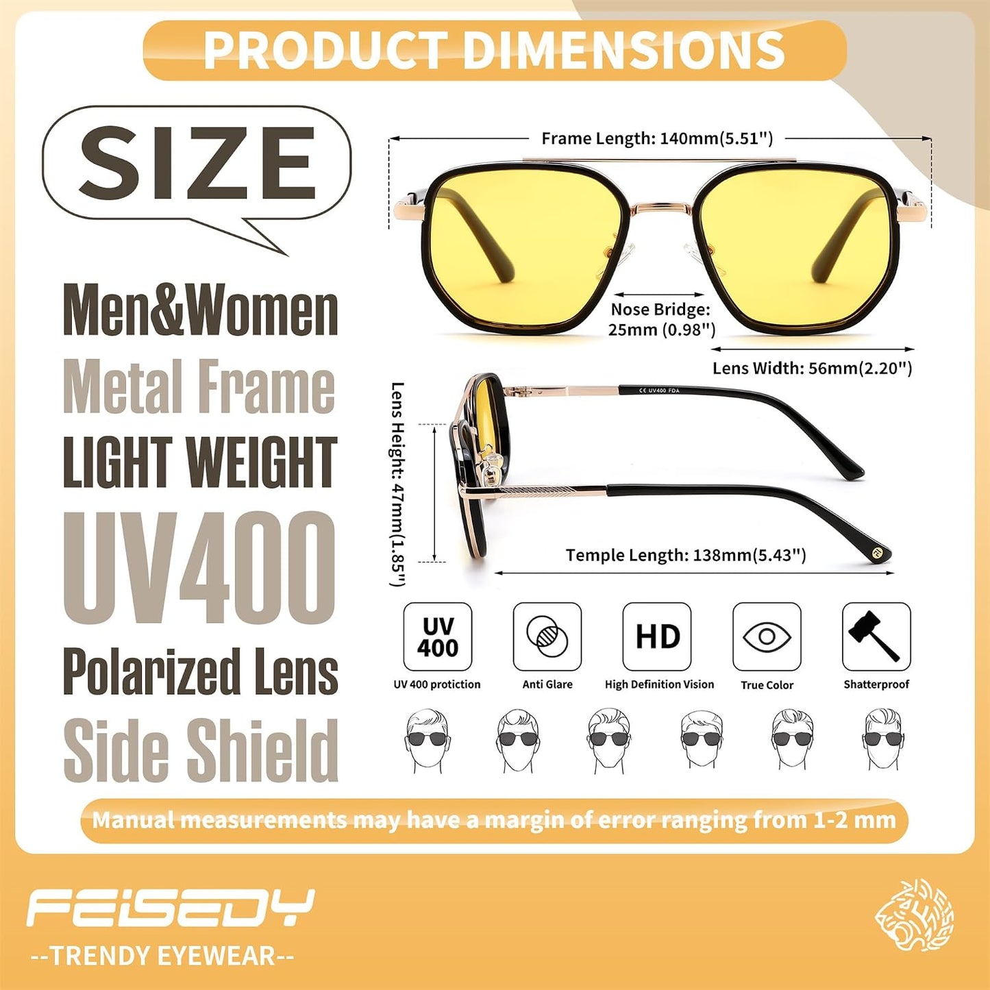 商品图片 40 | B0FQ4Y7FV6 | FEISEDY Polarized Aviator Sunglasses for Women Men Square TAC Lens B0329 | UV400 protection, Lightweight, Military-grade durability, Spring temples, Climate Pledge Friendly, Driving, Beach