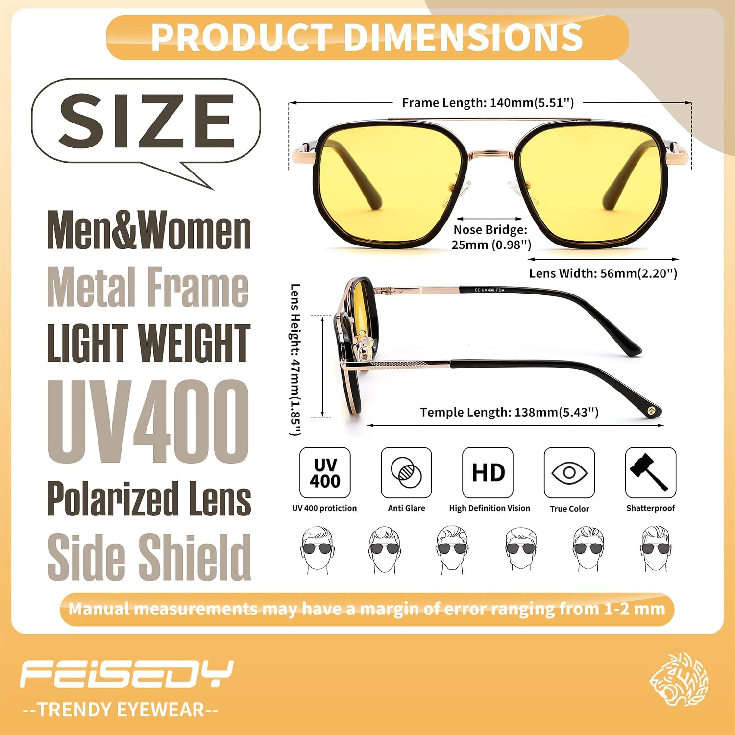 商品图片 40 | B0FQ4Y7FV6 | FEISEDY Polarized Aviator Sunglasses for Women Men Square TAC Lens B0329 | UV400 protection, Lightweight, Military-grade durability, Spring temples, Climate Pledge Friendly, Driving, Beach