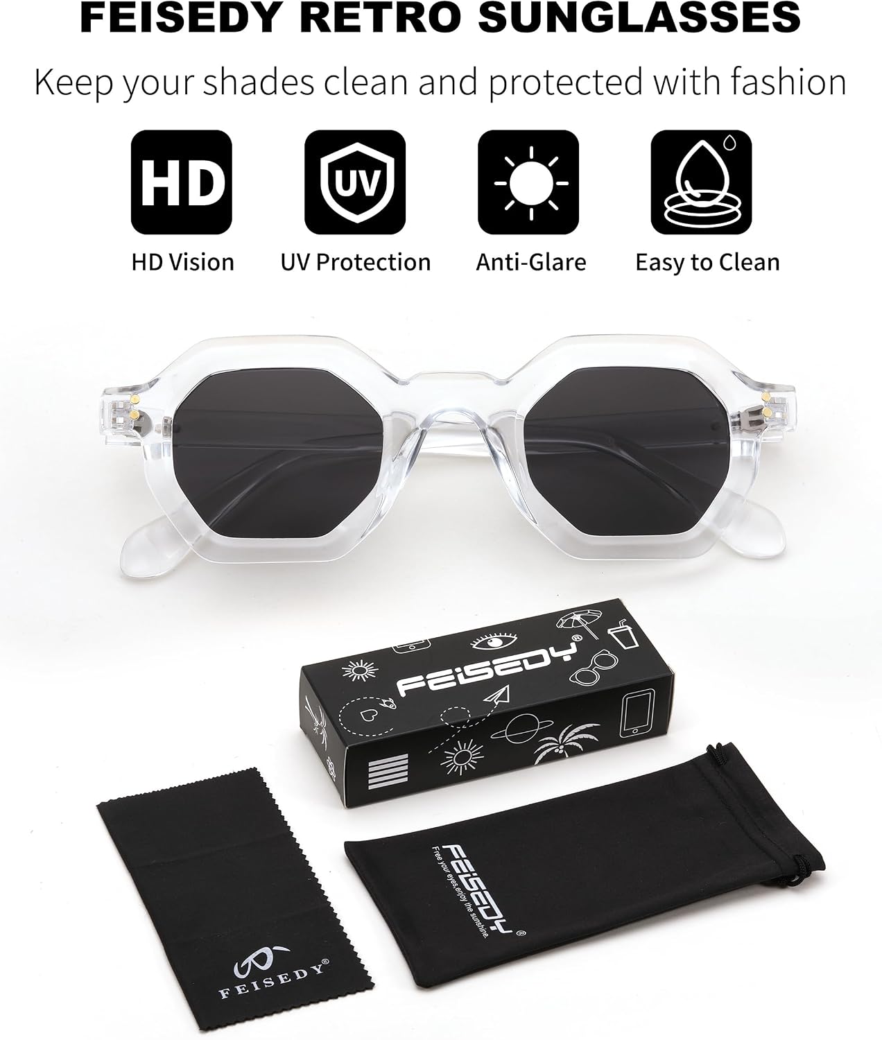 商品图片 14 | B0CSJQ26W8 | FEISEDY Octagon Sunglasses for Women - Thick Frame Fashion Rectangle Sun Glasses - Summer UV400 Protection