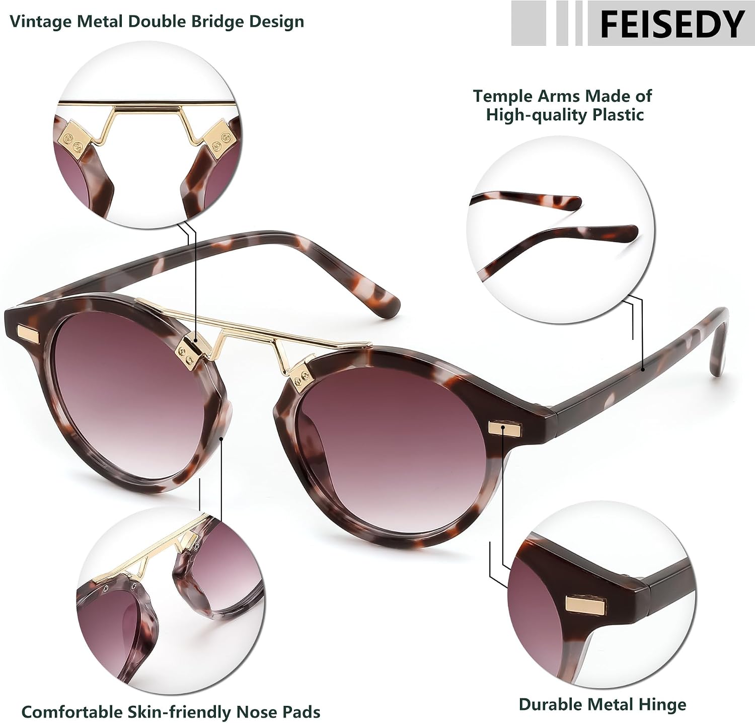 商品图片 29 | B0GX62YR7C | FEISEDY Retro Round Metal Brow Sunglasses for Women for Small Face B0427