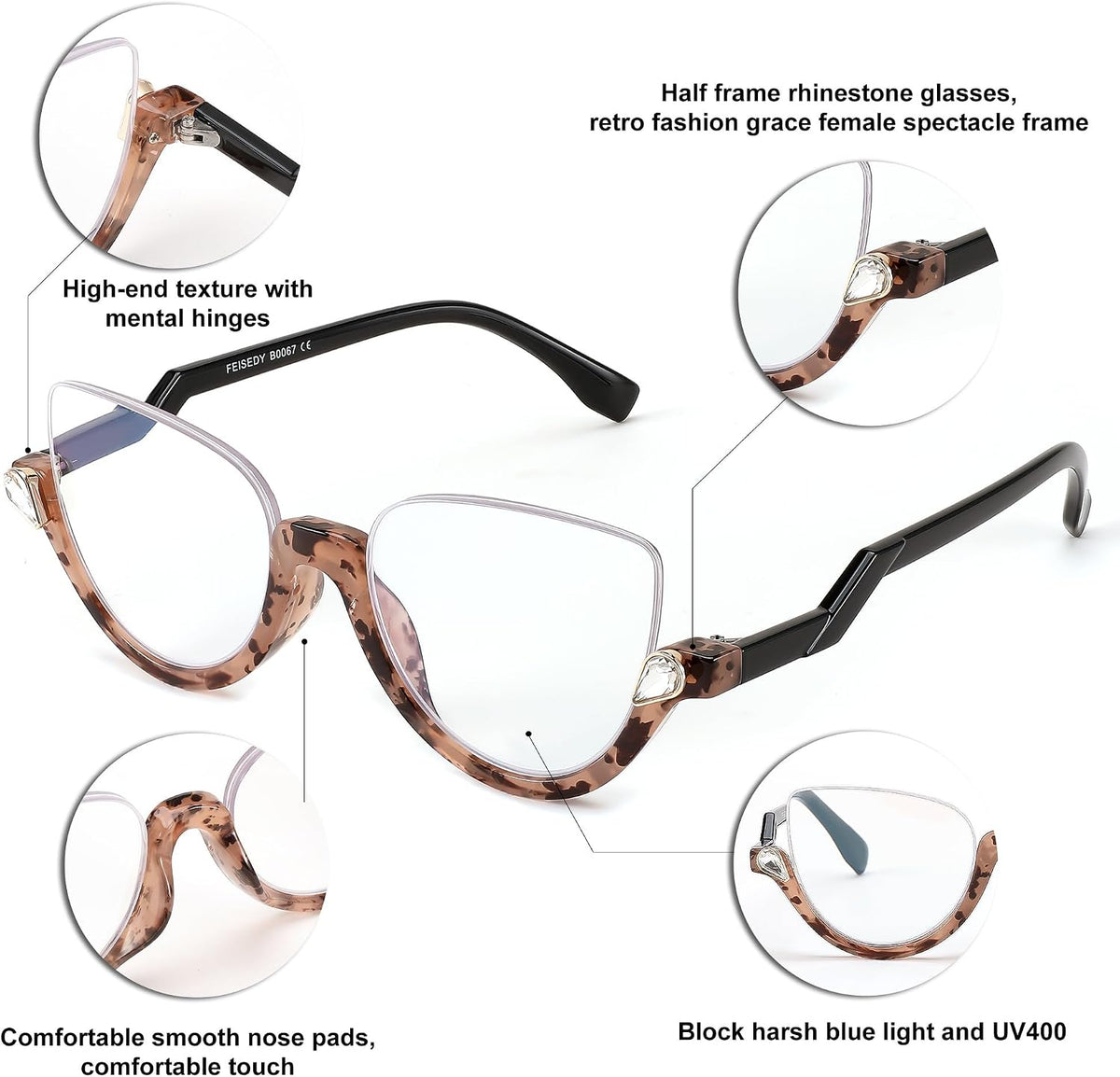 ÉÌƷͼƬ 17 | B0CJFLY9C9 | FEISEDY Reading Glasses for Women Fashion Half Frame Cat Eye Glasses Anti Glare Eyeglasses B0067