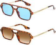 2 Pack - Leopard/Tea + Tortoise/Blue / 59 Millimeters | B0F5MVZ62K | FEISEDY Vintage Square 70s Flat Aviator Sunglasses Women Men Metal Design Shades B2752