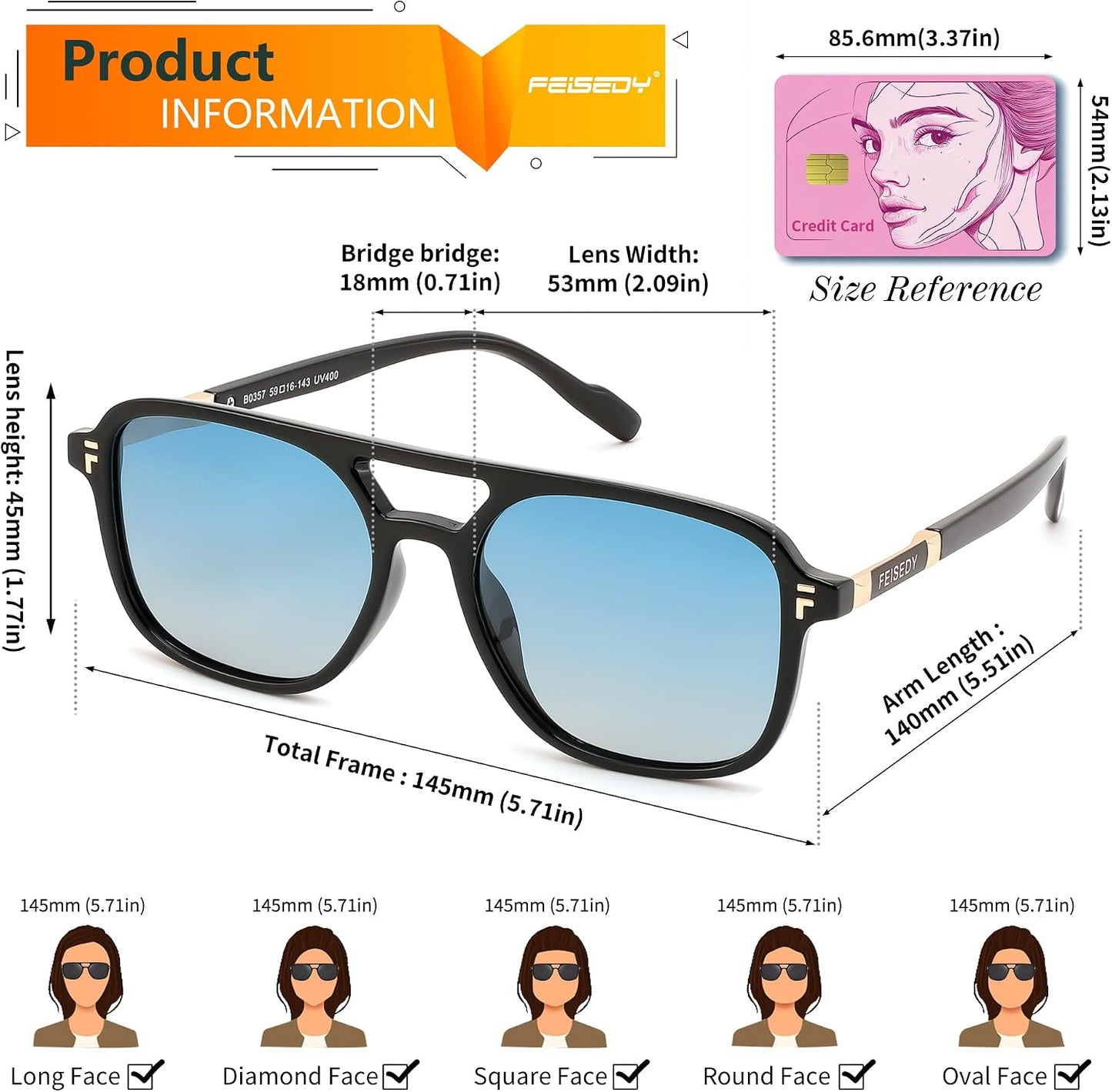 商品图片 6 | B0H2V9BFS5 | FEISEDY Retro Polarized Aviator Square Sunglasses for Women Men UV400 B0357
