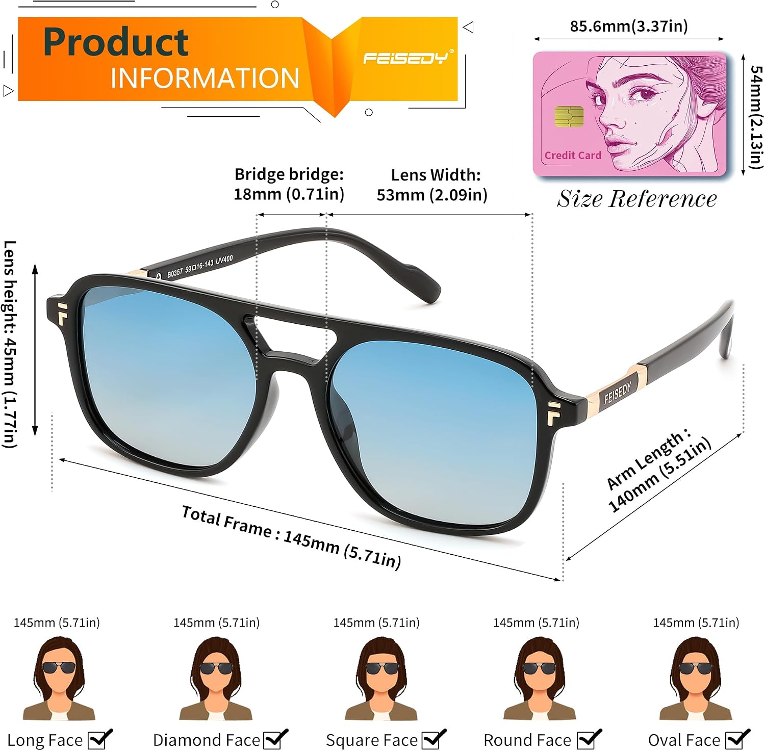 商品图片 6 | B0H2V9BFS5 | FEISEDY Retro Polarized Aviator Square Sunglasses for Women Men UV400 B0357
