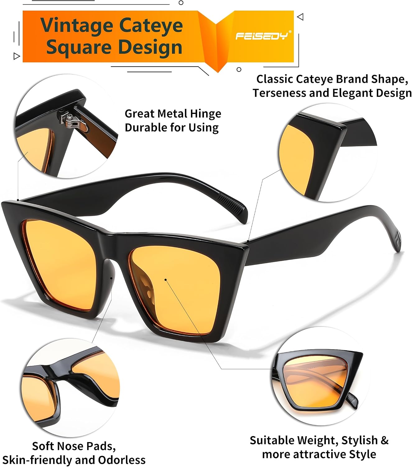 商品图片 143 | B0C5378735 | FEISEDY Vintage Square Cat Eye Sunglasses Women Trendy Cateye Sunglasses B2473