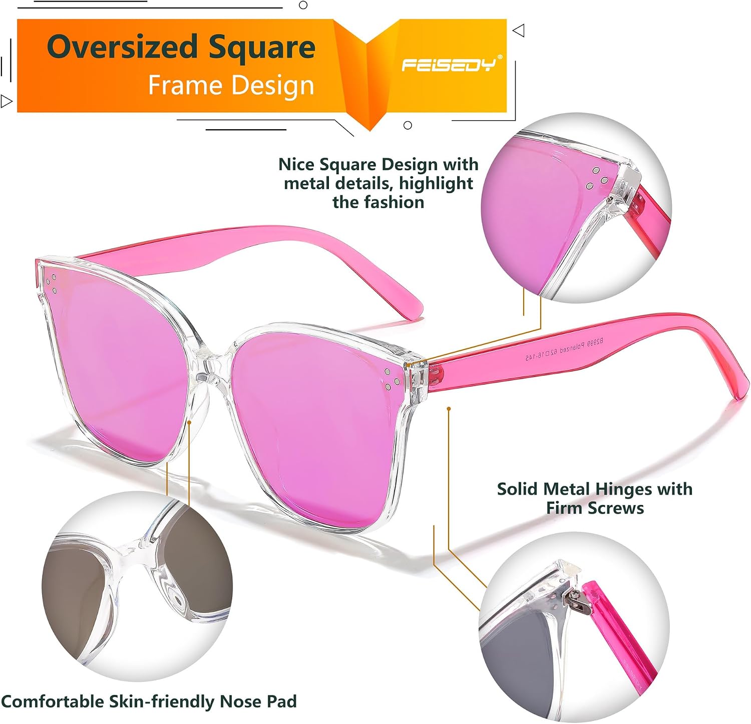 商品图片 93 | B0871BKMTN | FEISEDY Oversized Polarized Sunglasses - UV400 Protection, Square Fashion Sun Glasses for Outdoor & Daily B2600