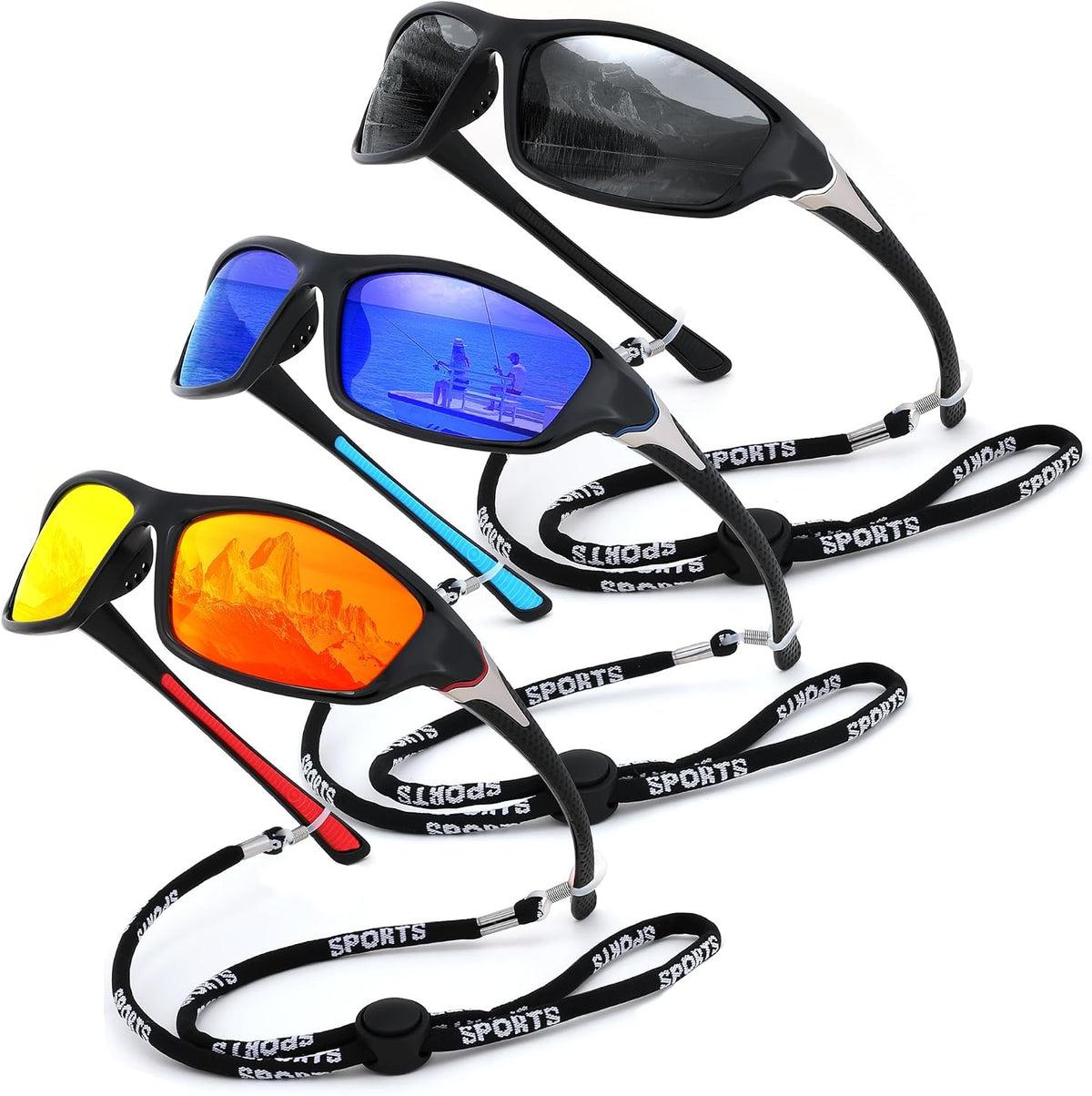 3pack-black+deep Blue+red / 60 Millimeters | B0FG2PKSD6 | FEISEDY 3 Pack Polarized Sports Sunglasses for Men, Wrap Around Frame, UV400 Protection, Fishing Driving Cycling B2674