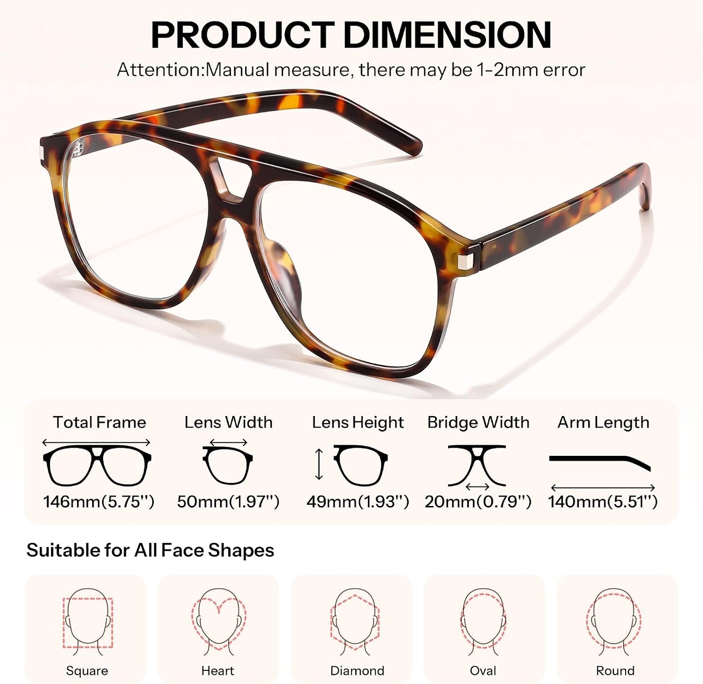商品图片 12 | B0HCMPWV5X | FEISEDY Oversized Aviator Fashion Glasses for Women Men, Tortoise Trendy Eyeglasses, Retro Eyewear Frame for Daily Wear B0426