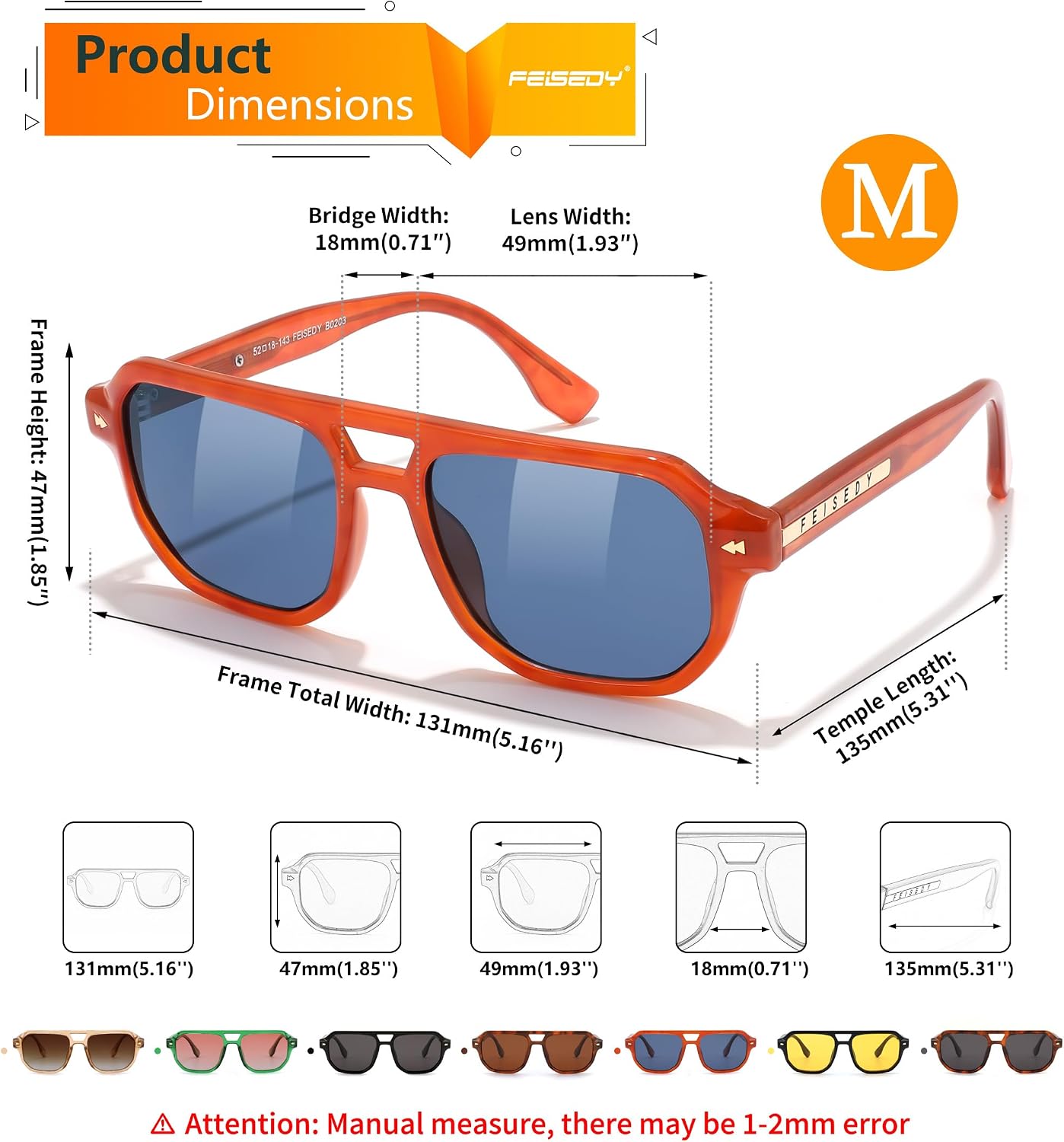 商品图片 23 | B0DSH2BVX5 | FEISEDY Polarized Aviator Sunglasses Men Women, Retro 70s Style Design - UV400 Protection, Driving & Daily Wear B0203