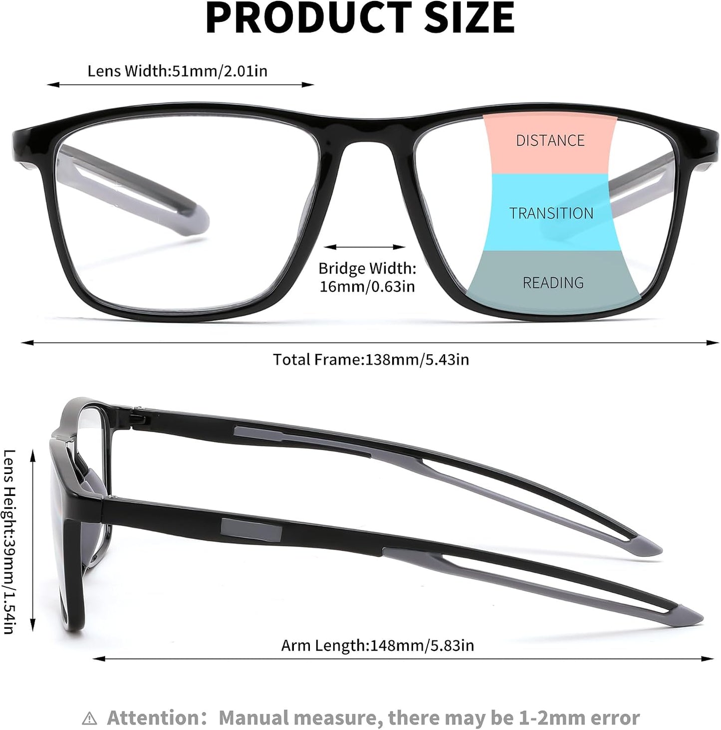 商品图片 4 | B0GLF6C715 | FEISEDY Progressive Multifocal Reading Glasses Blue Light Blocking B0397 | Sports Square Frame Near-Far Dual Use Blue Light Blocking Reading Glasses for Women Men